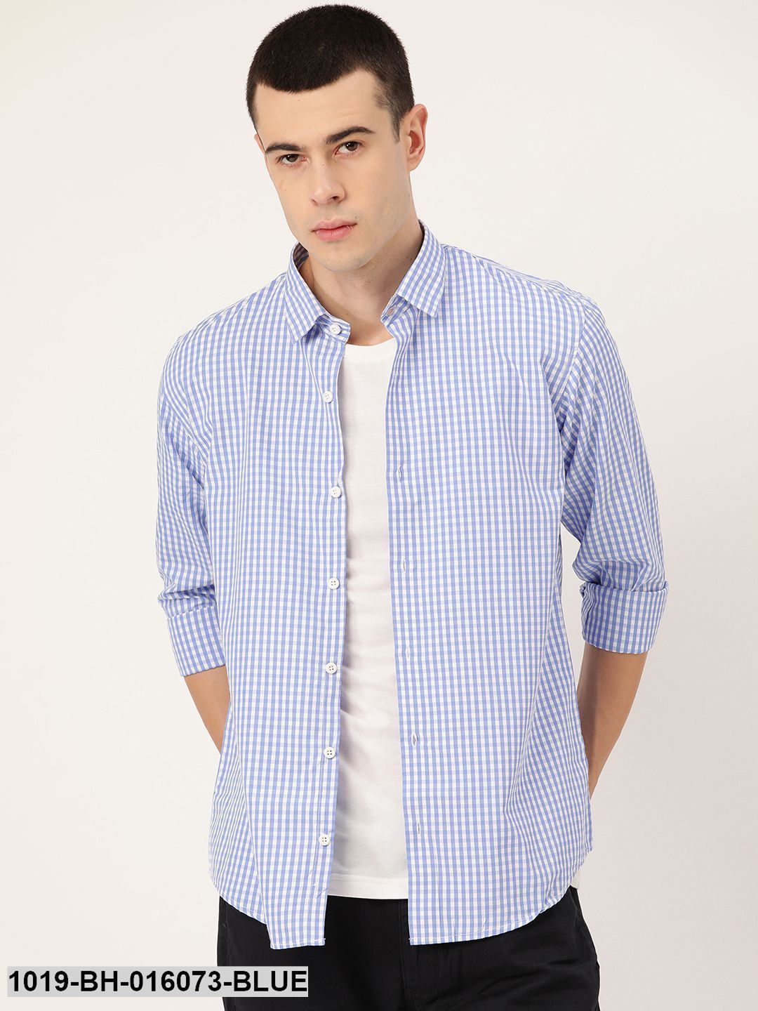Men's Cotton Blue & White Checked Casual Shirt - Sojanya