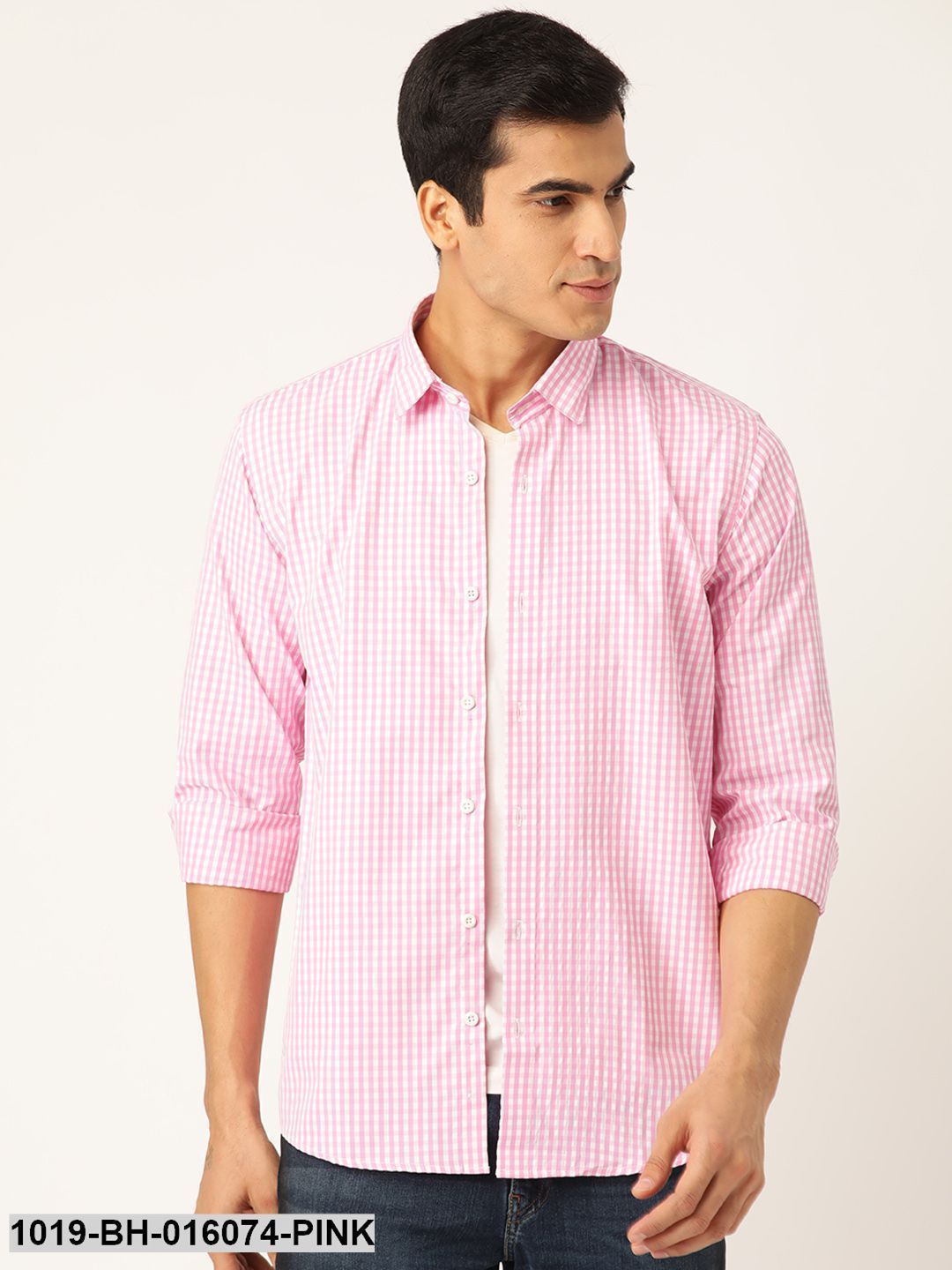 Men's Cotton Pink & White Checked Casual Shirt - Sojanya