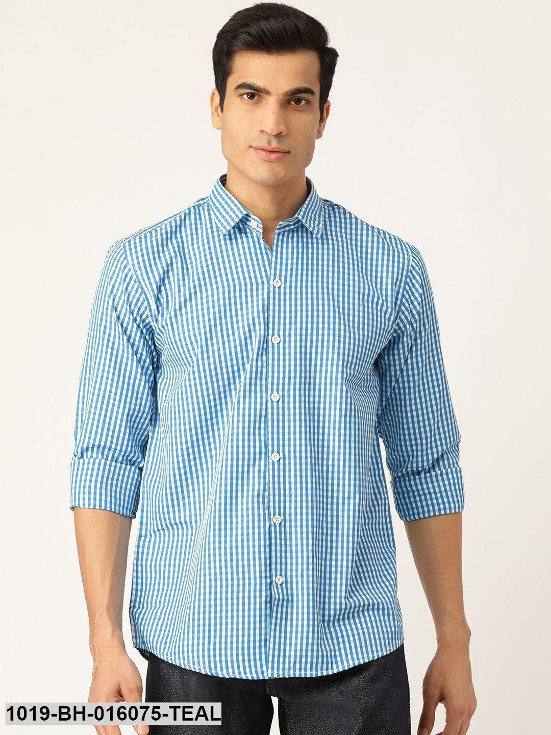 Men's Cotton Teal Blue & White Checked Casual Shirt - Sojanya