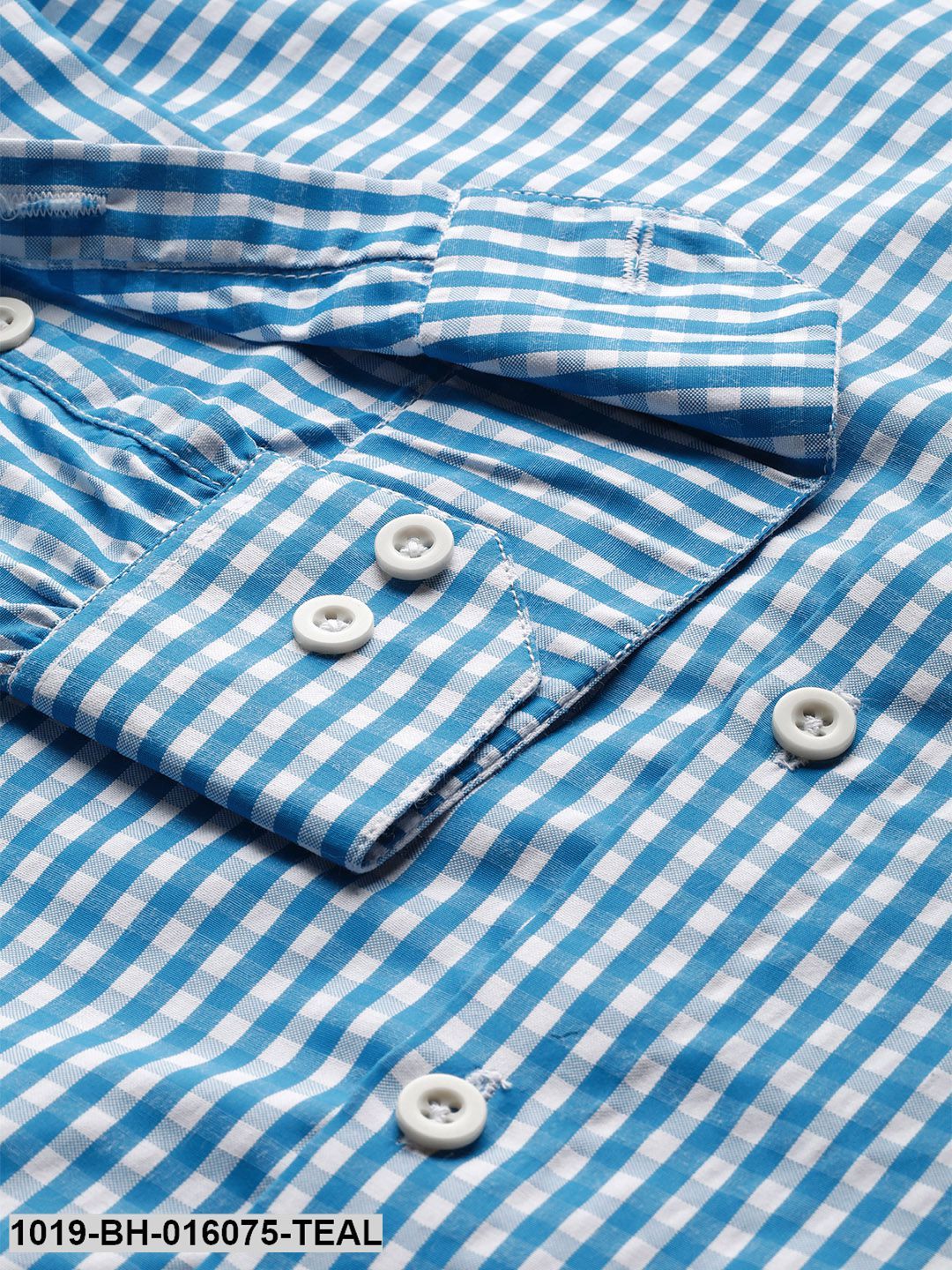 Men's Cotton Teal Blue & White Checked Casual Shirt - Sojanya