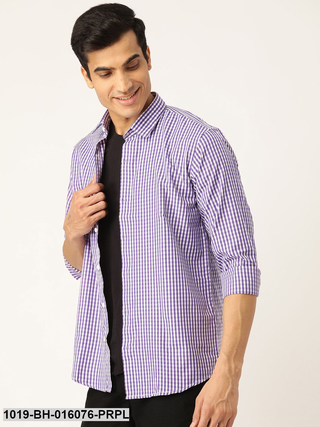 Men's Cotton Purple & White Checked Casual Shirt - Sojanya