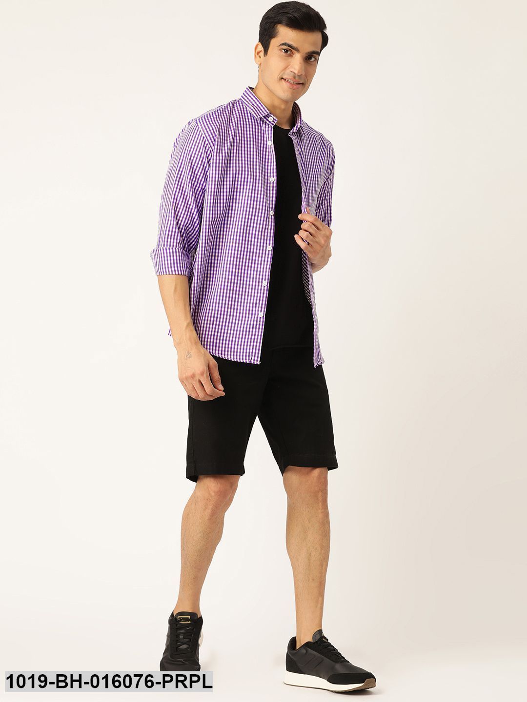 Men's Cotton Purple & White Checked Casual Shirt - Sojanya