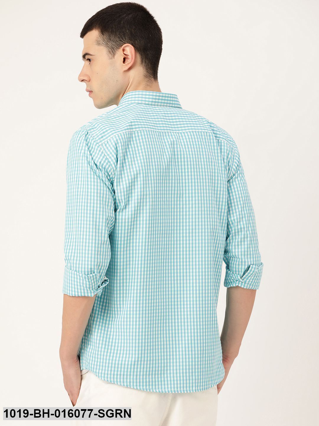Men's Cotton Sea Green & White Checked Casual Shirt - Sojanya
