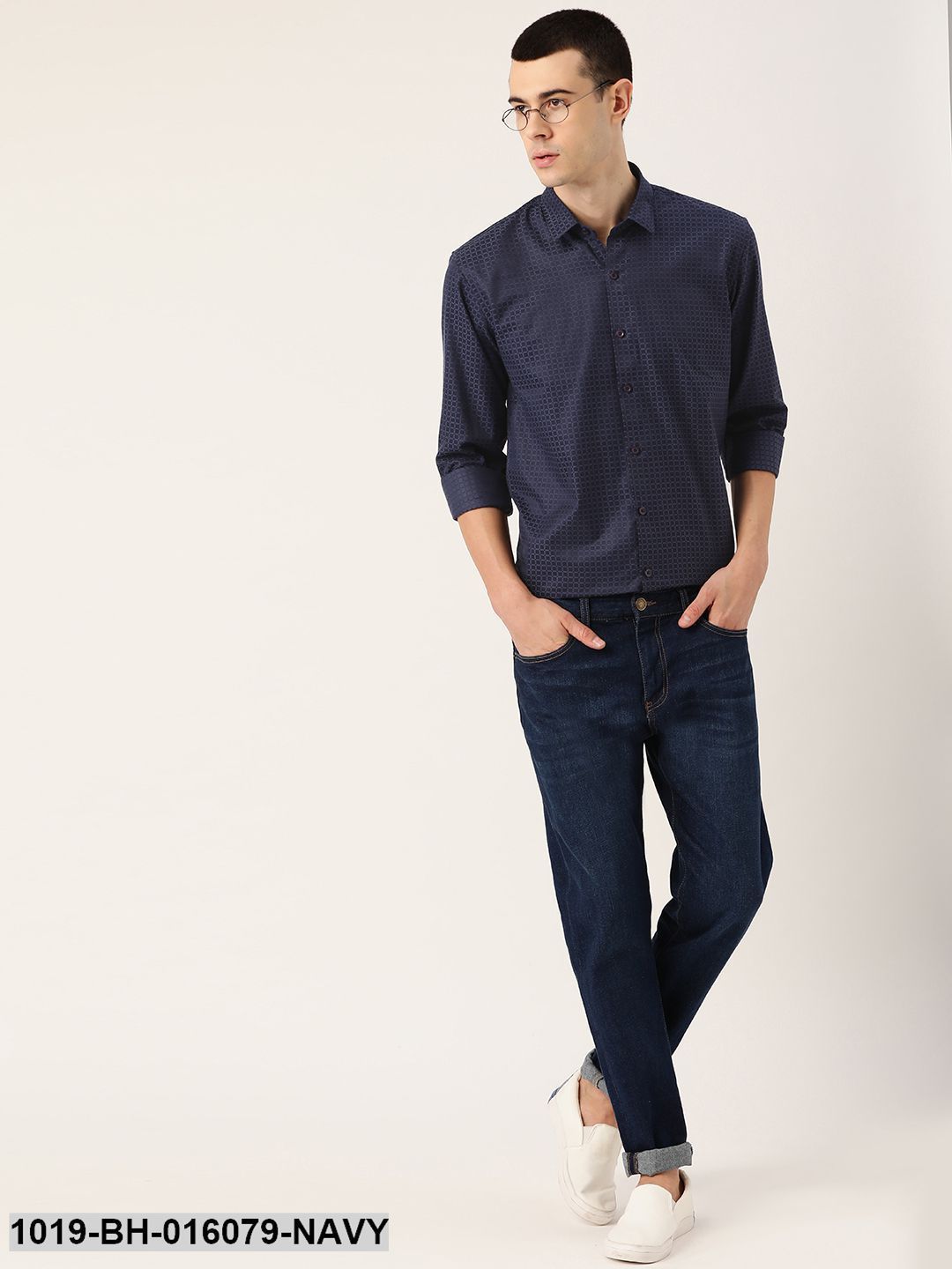 Men's Cotton Navy Blue Checked Casual Shirt
