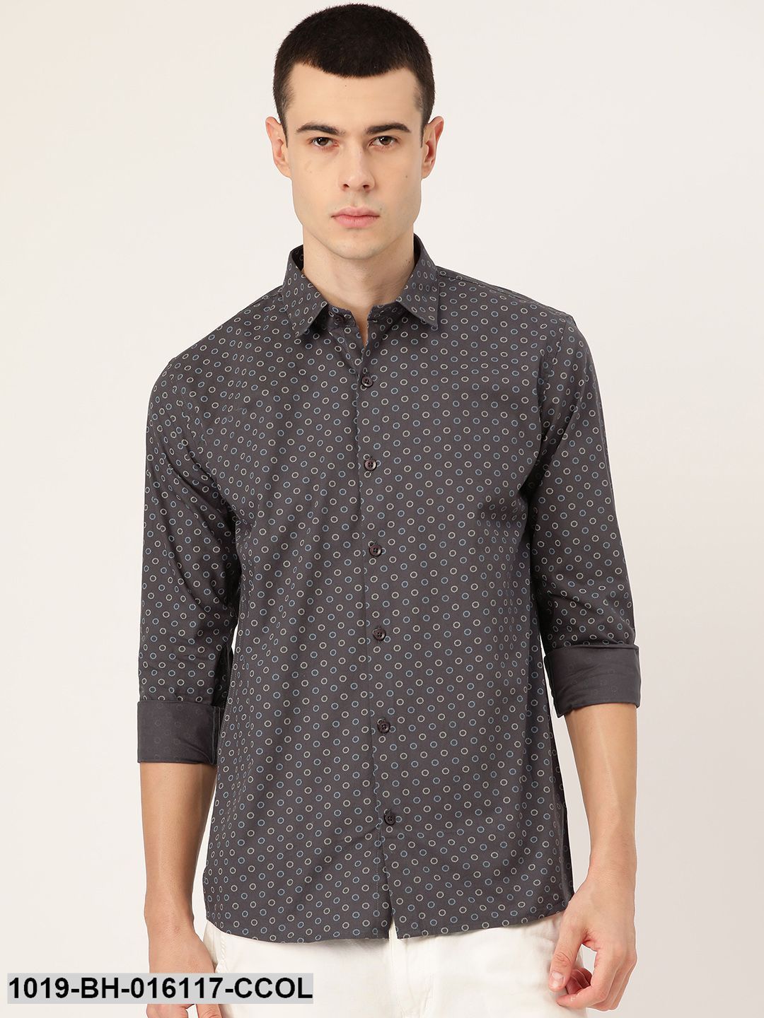 Men's Cotton Charcoal Grey Printed Casual Shirt - Sojanya