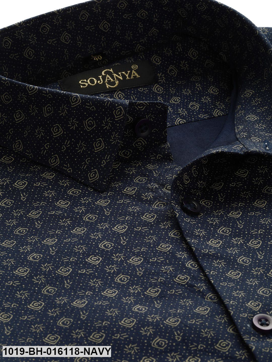 Men's Cotton Navy Blue & Gold Printed Casual Shirt - Sojanya
