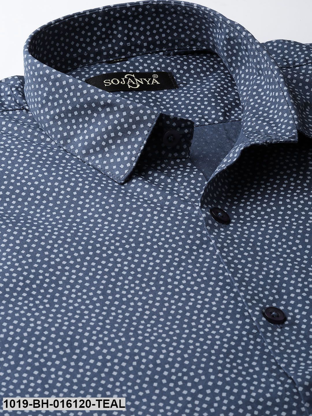 Men's Cotton Teal Blue & Grey Printed Casual Shirt - Sojanya