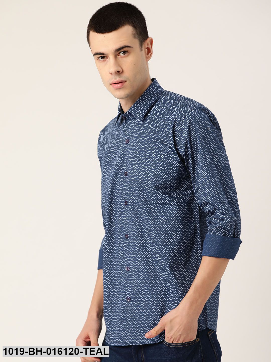 Men's Cotton Teal Blue & Grey Printed Casual Shirt - Sojanya