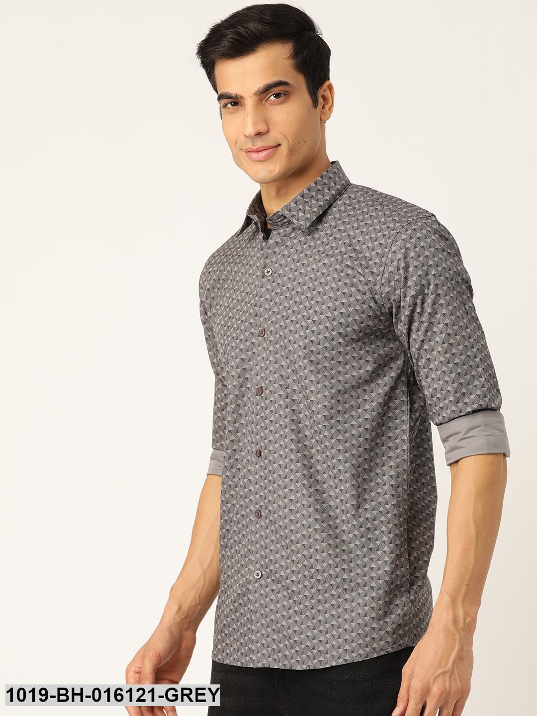 Men's Cotton Grey & Black Printed Casual Shirt - Sojanya