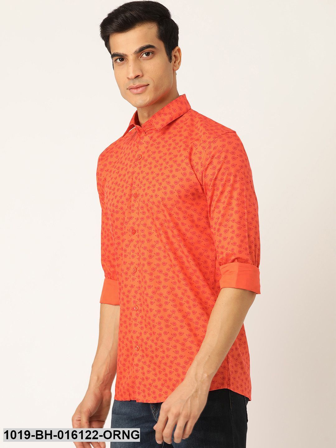 Men's Cotton Orange & Red Printed Casual Shirt - Sojanya