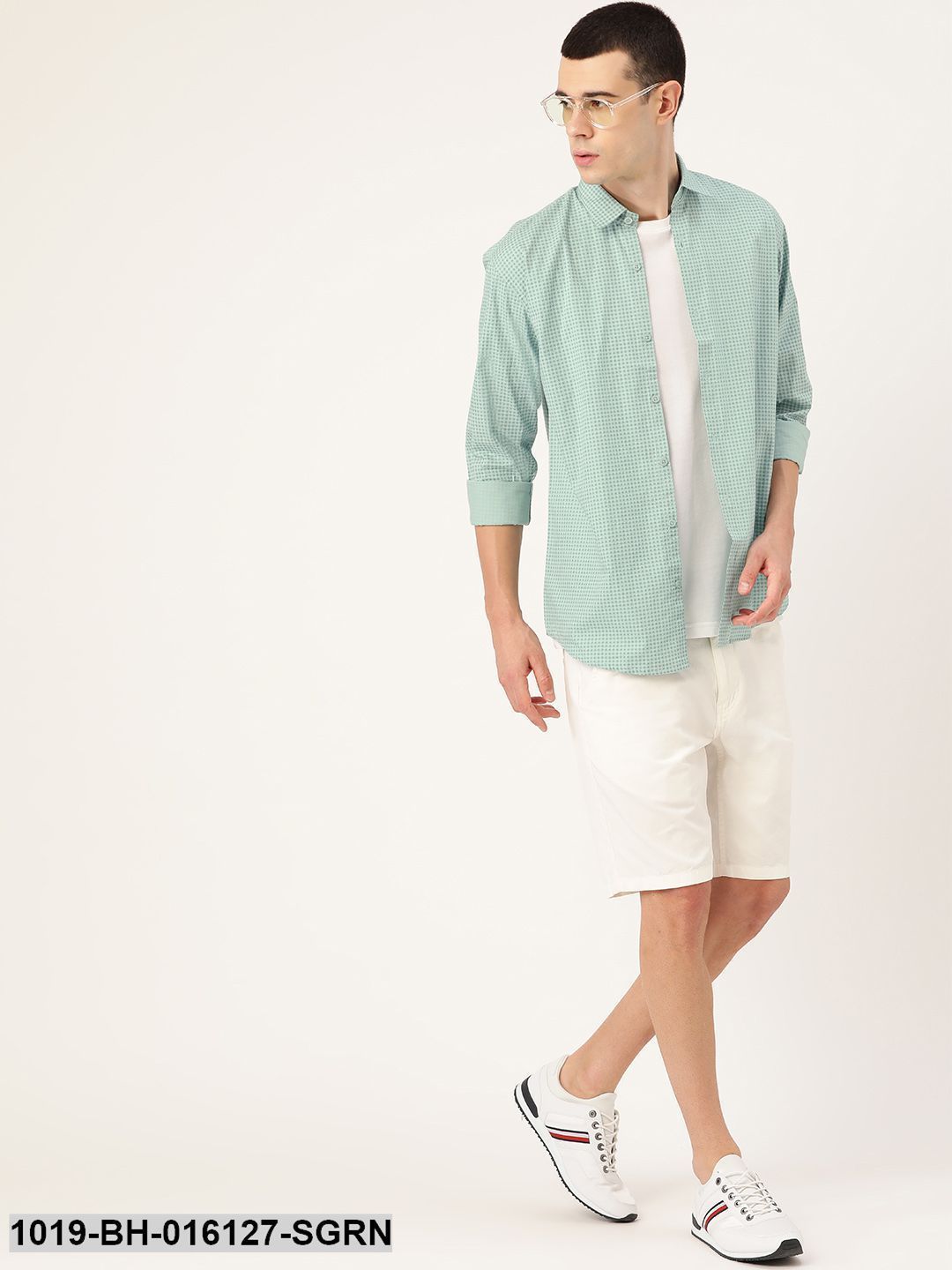 Men's Cotton Sea Green & Blue Printed Casual Shirt - Sojanya