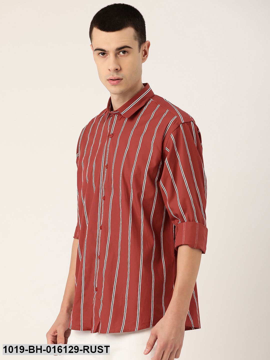 Men's Cotton Dark Rust & White Printed Casual Shirt - Sojanya