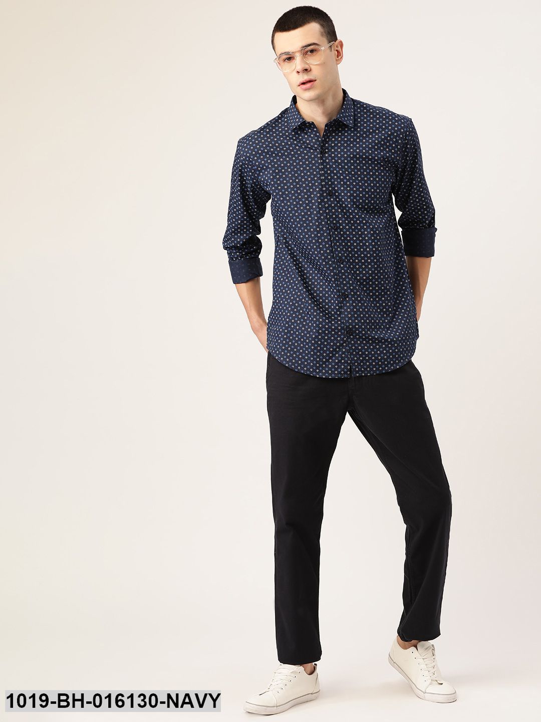 Men's Cotton Navy Blue & Multi Printed Casual Shirt - Sojanya