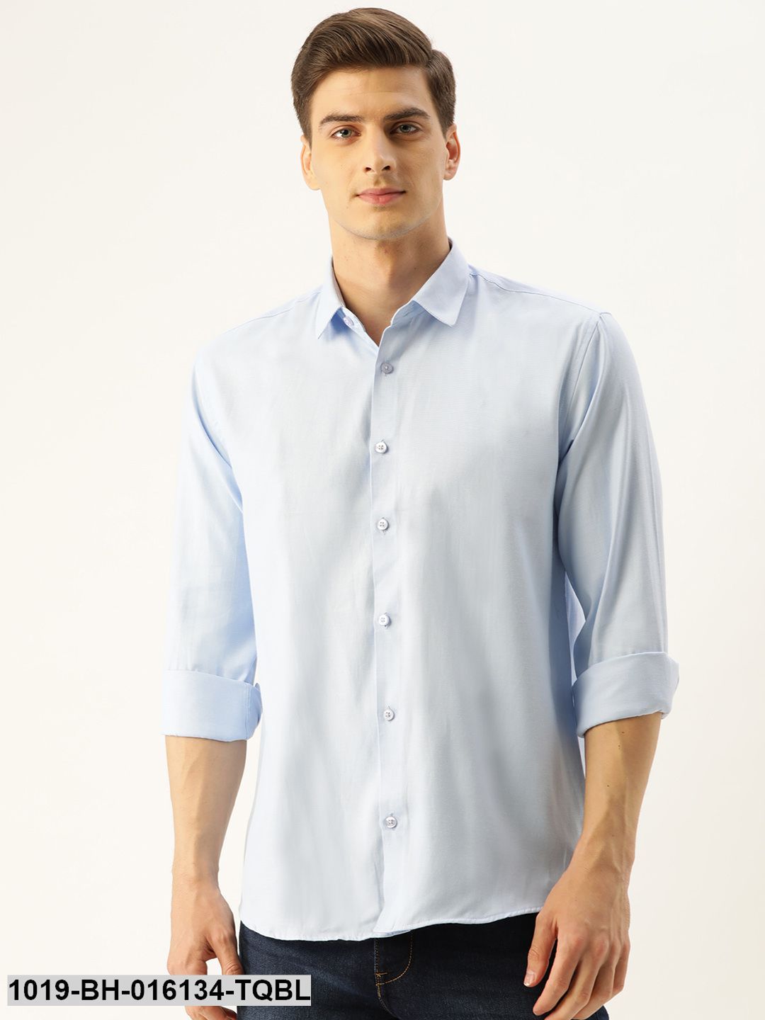 Men's Cotton Sky Blue Self Design Casual Shirt