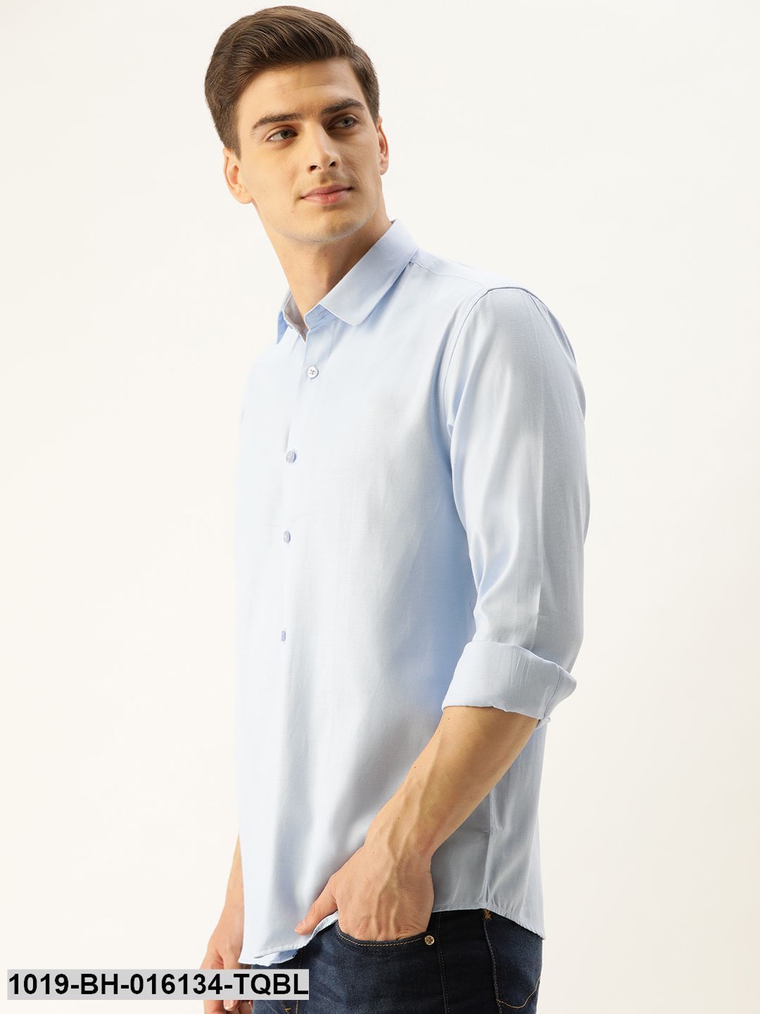 Men's Cotton Sky Blue Self Design Casual Shirt