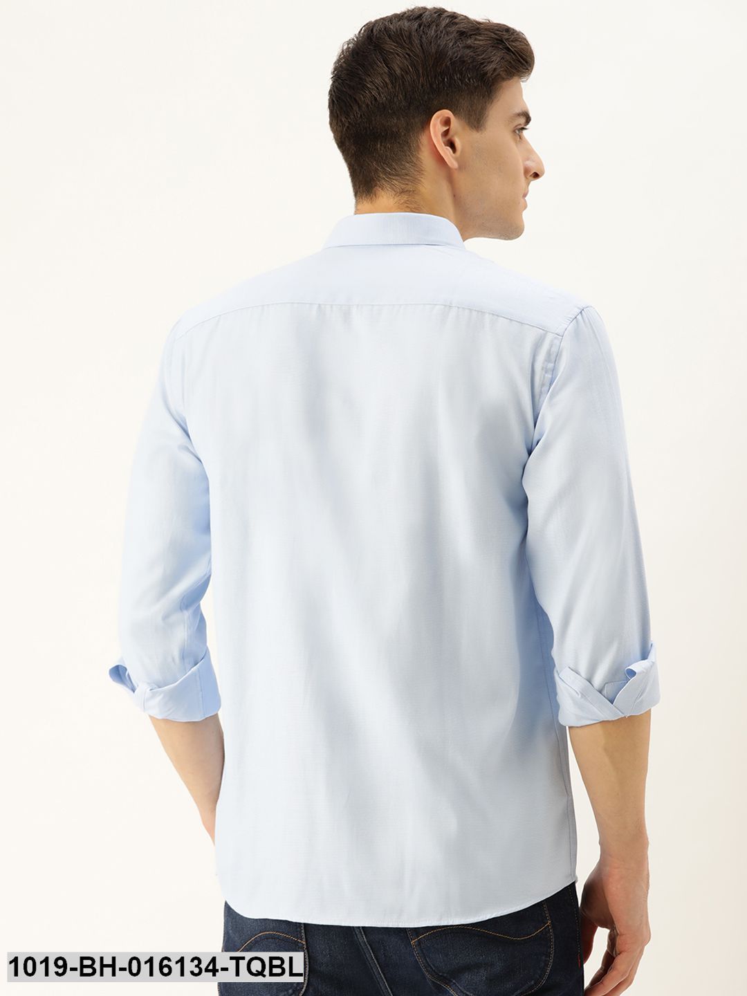 Men's Cotton Sky Blue Self Design Casual Shirt