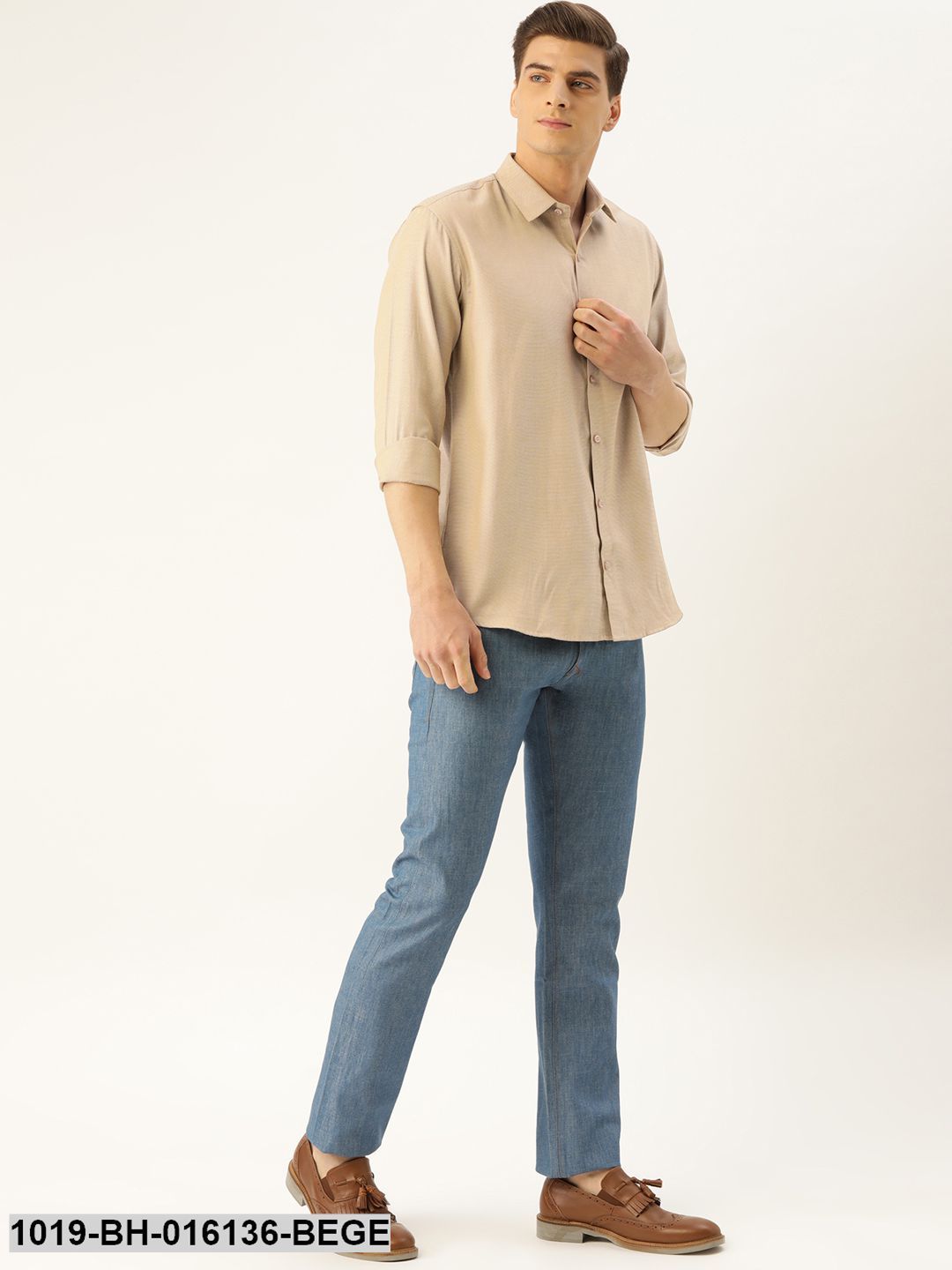 Men's Cotton Beige Self Design Casual Shirt - Sojanya