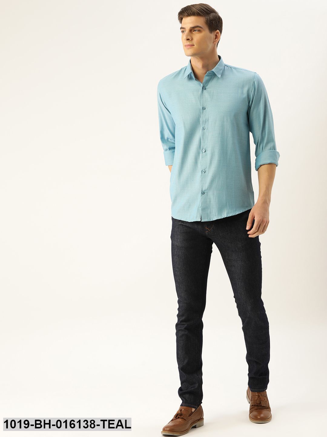 Men's Cotton Teal Blue Self Design Casual Shirt - Sojanya