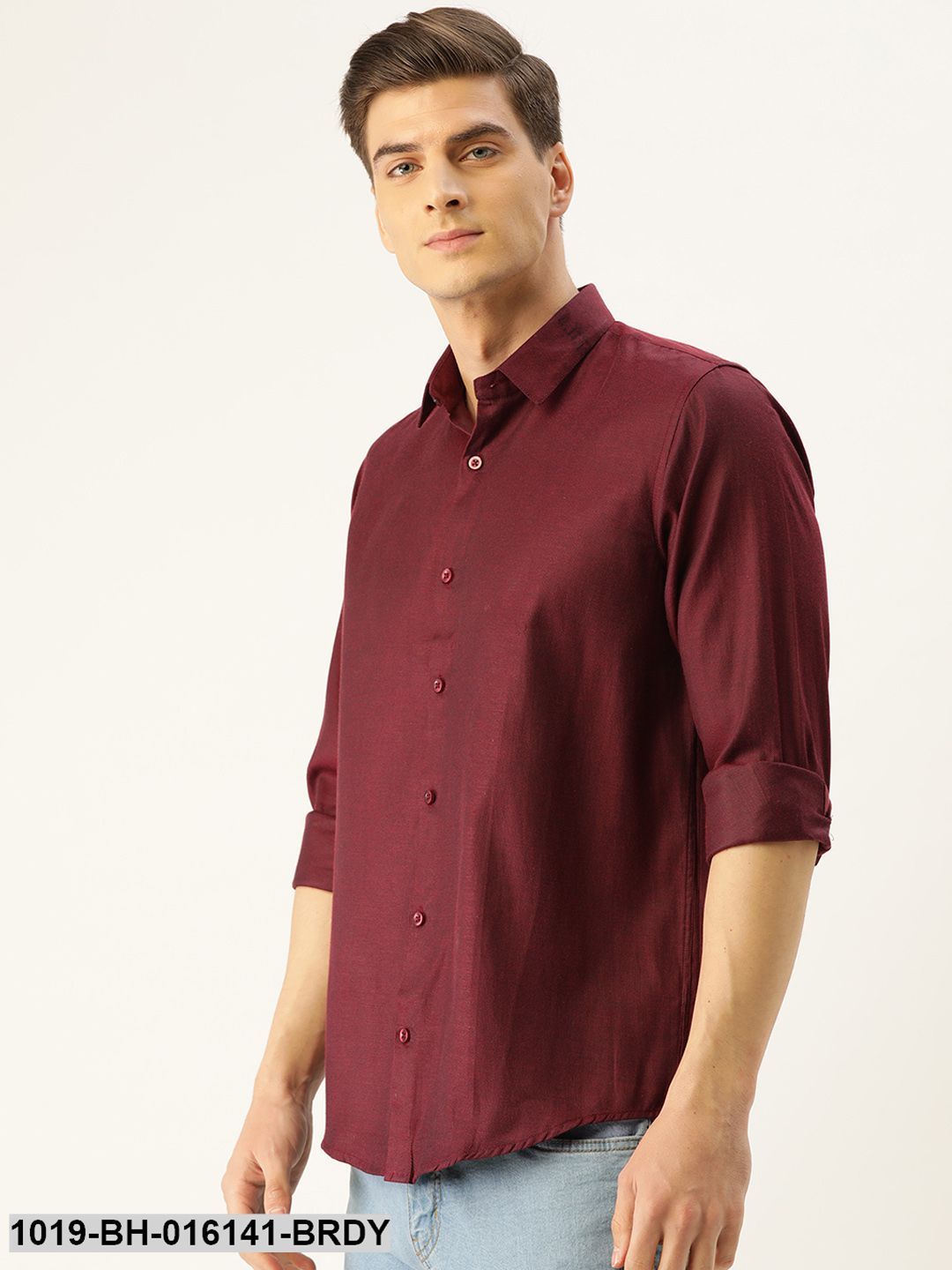 Men's Cotton Burgundy Self Design Casual Shirt - Sojanya