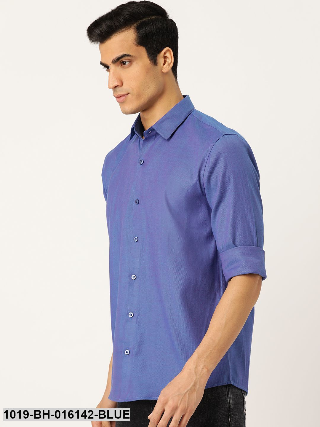 Men's Cotton Blue Self Design Casual Shirt - Sojanya