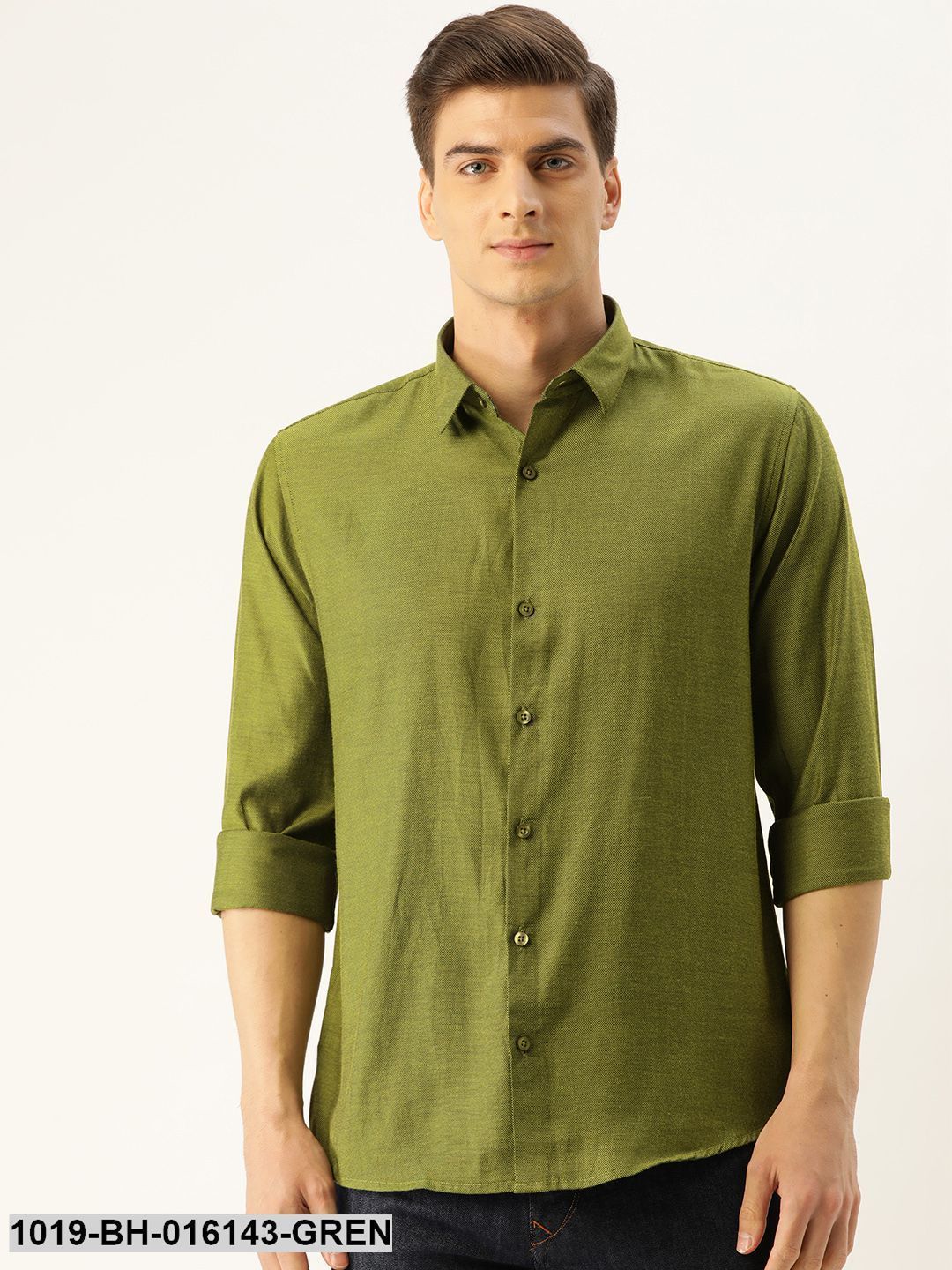 Men's Cotton Moss Green Self Design Casual Shirt - Sojanya