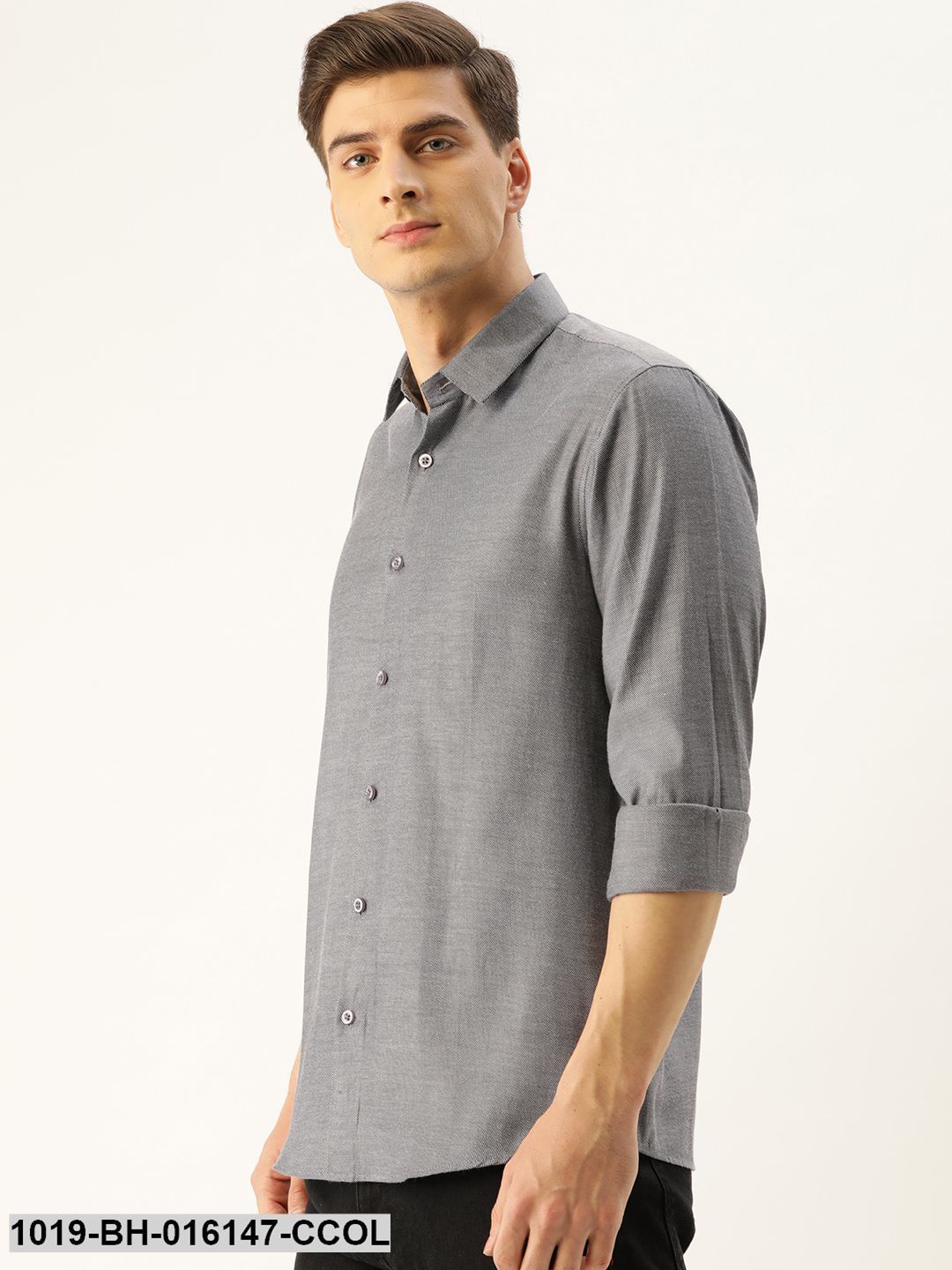 Men's Cotton Charcoal Grey Self Design Casual Shirt - Sojanya