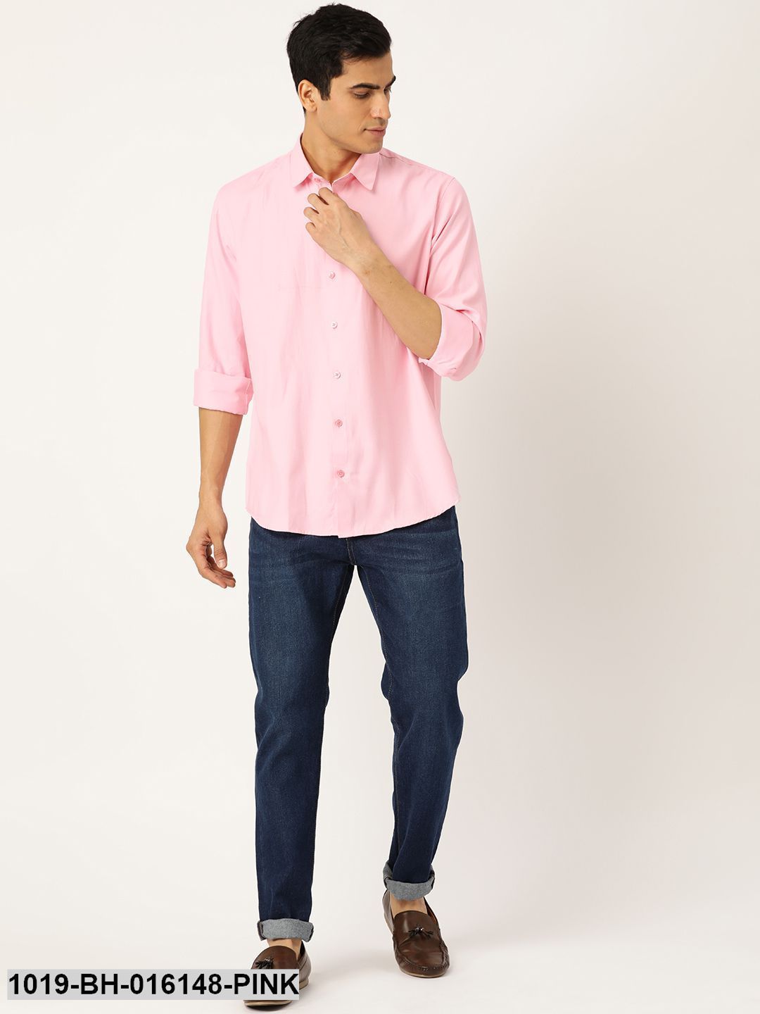 Men's Cotton Pink Self Design Casual Shirt - Sojanya