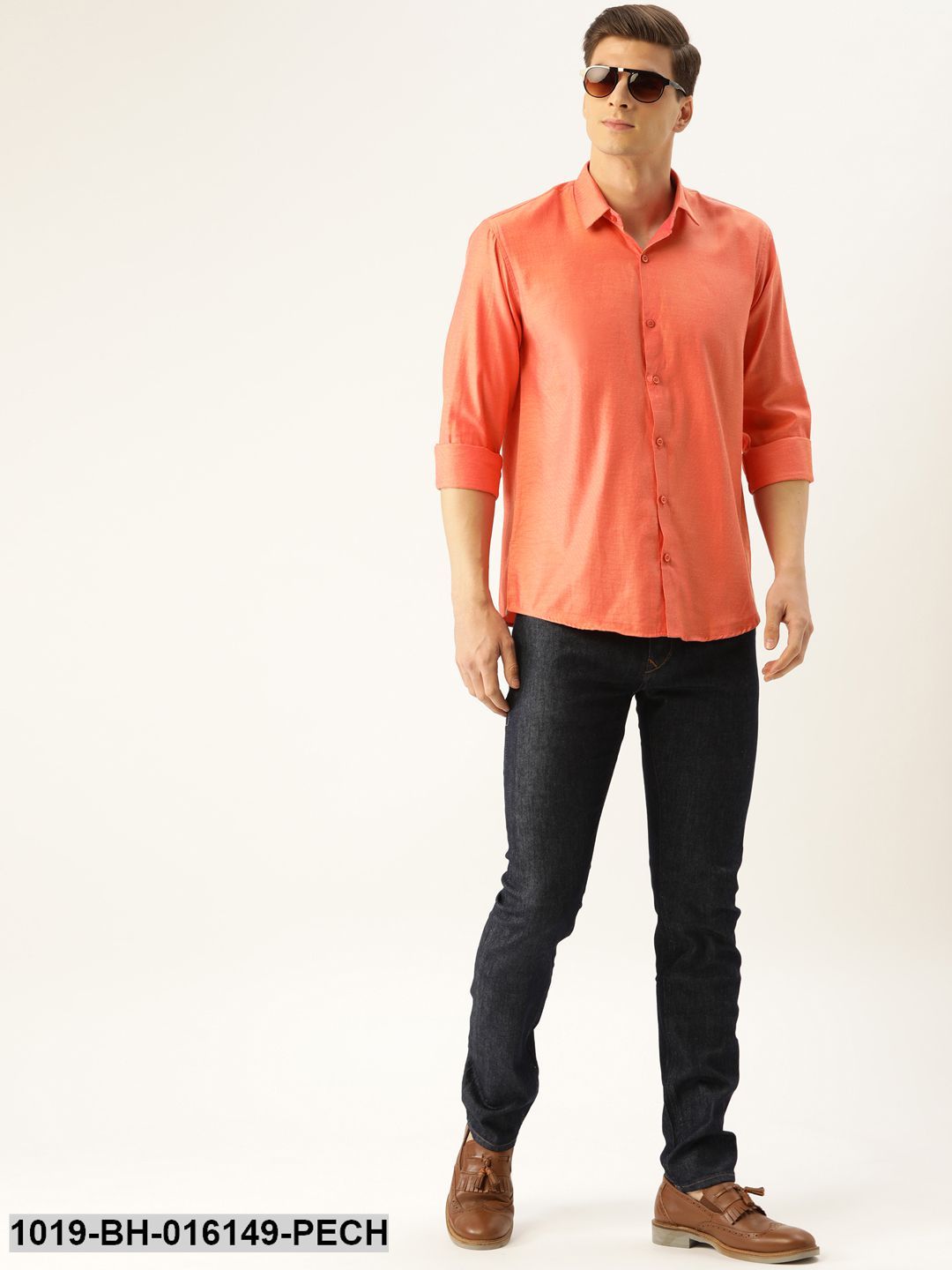 Men's Cotton Dark Peach Self Design Casual Shirt - Sojanya