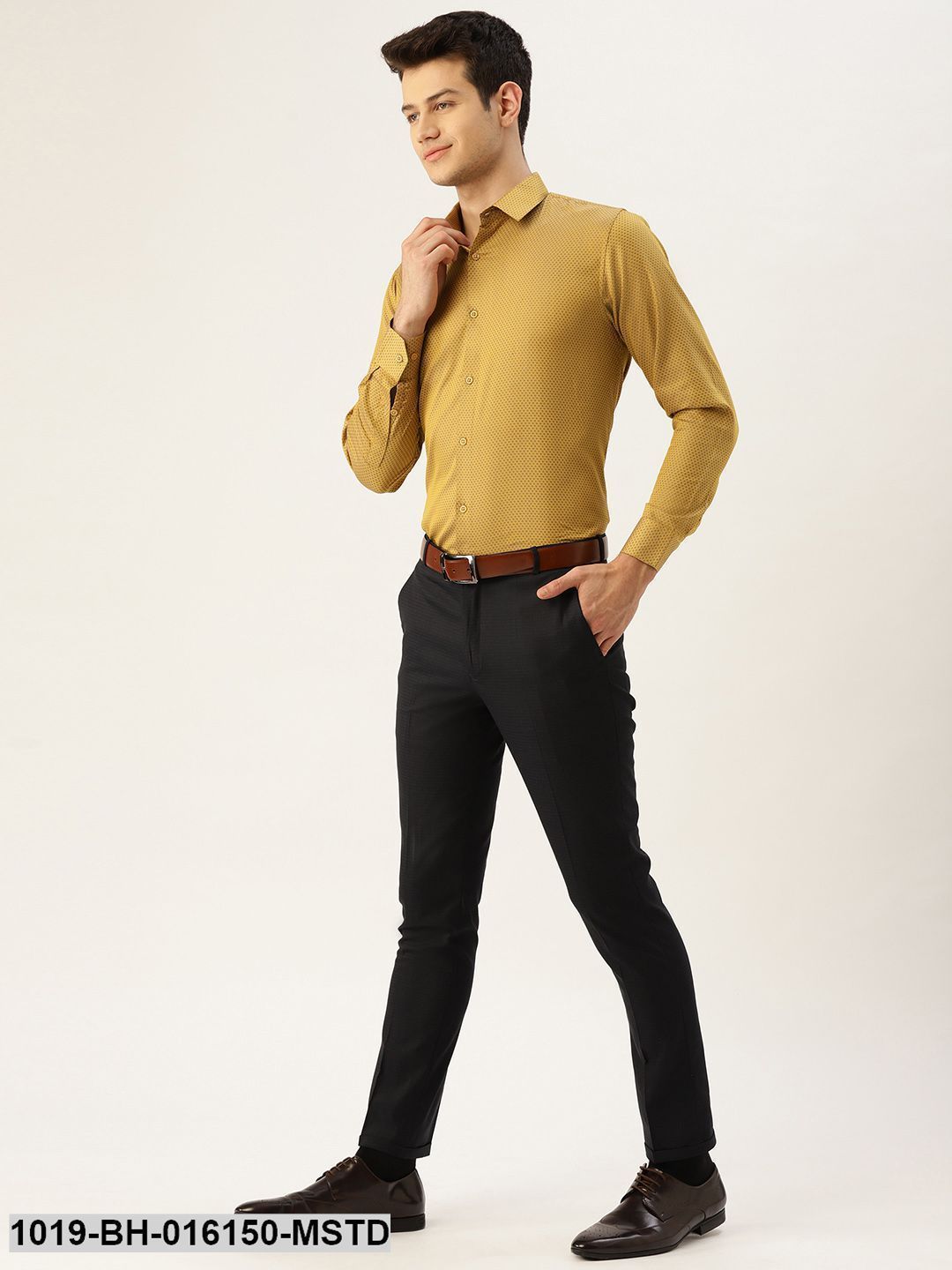 Men's Cotton Mustard & Navy Blue Self Design Formal Shirt