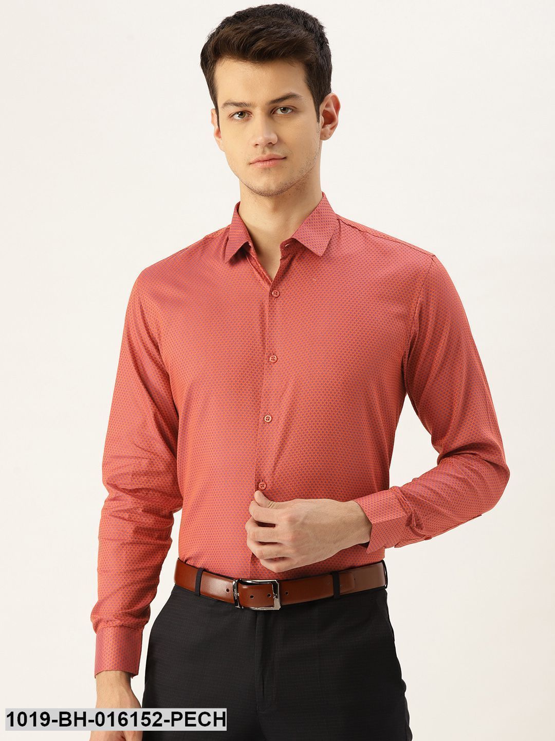 Men's Cotton Peach & Navy Blue Self Design Formal Shirt - Sojanya