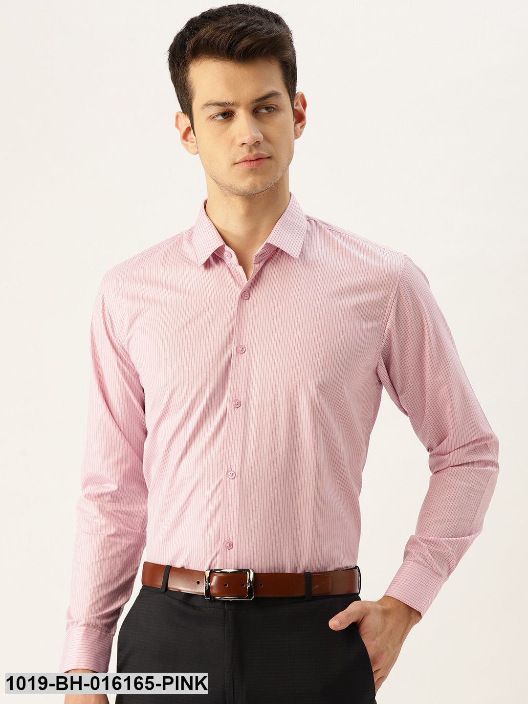 Men's Cotton Pink & Navy Blue Striped Formal Shirt - Sojanya