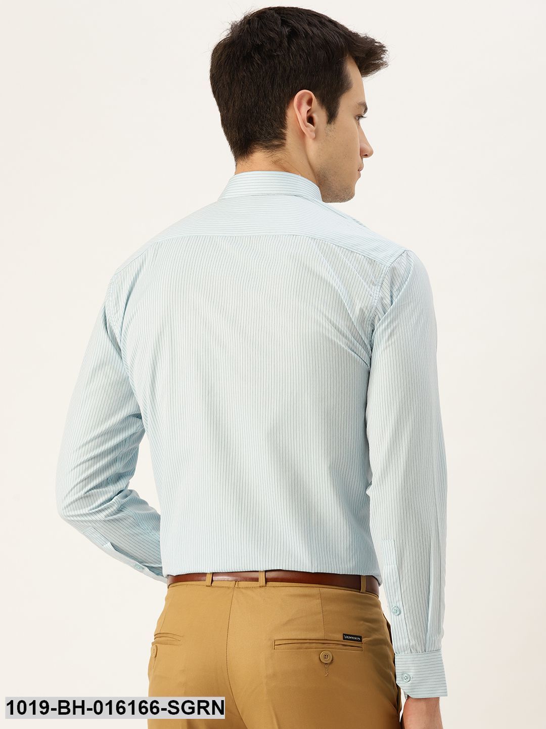Men's Cotton Sea Green & Navy Blue Striped Formal Shirt - Sojanya