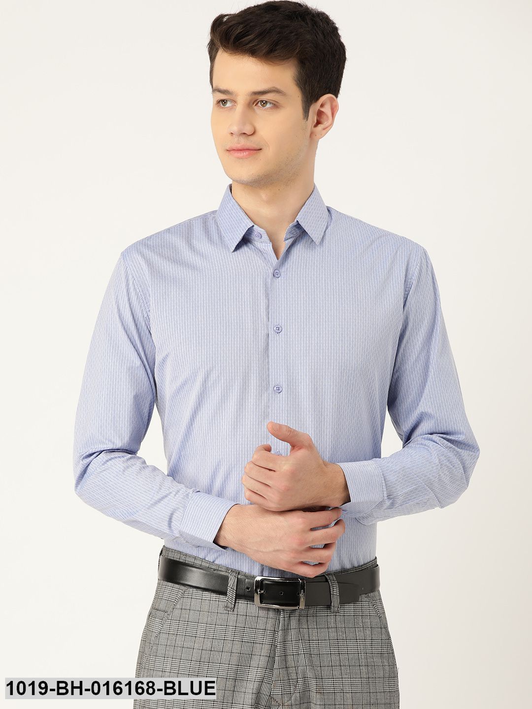 Men's Cotton Blue & Navy Blue Striped Formal Shirt - Sojanya