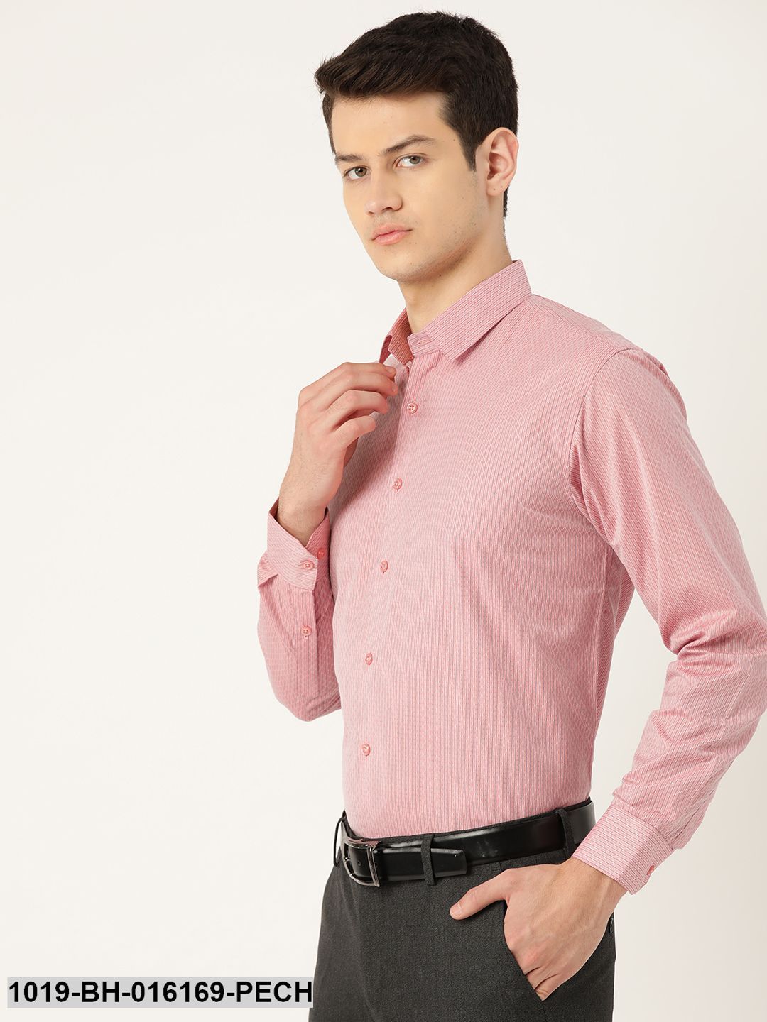 Men's Cotton Peach & Navy Blue Striped Formal Shirt - Sojanya