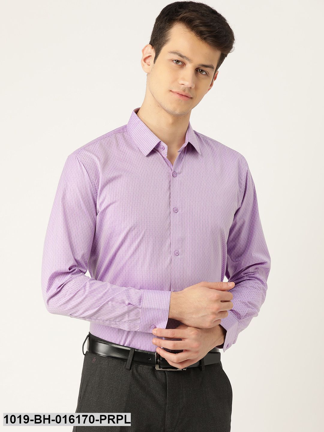 Men's Cotton Purple & Off White Striped Formal Shirt - Sojanya