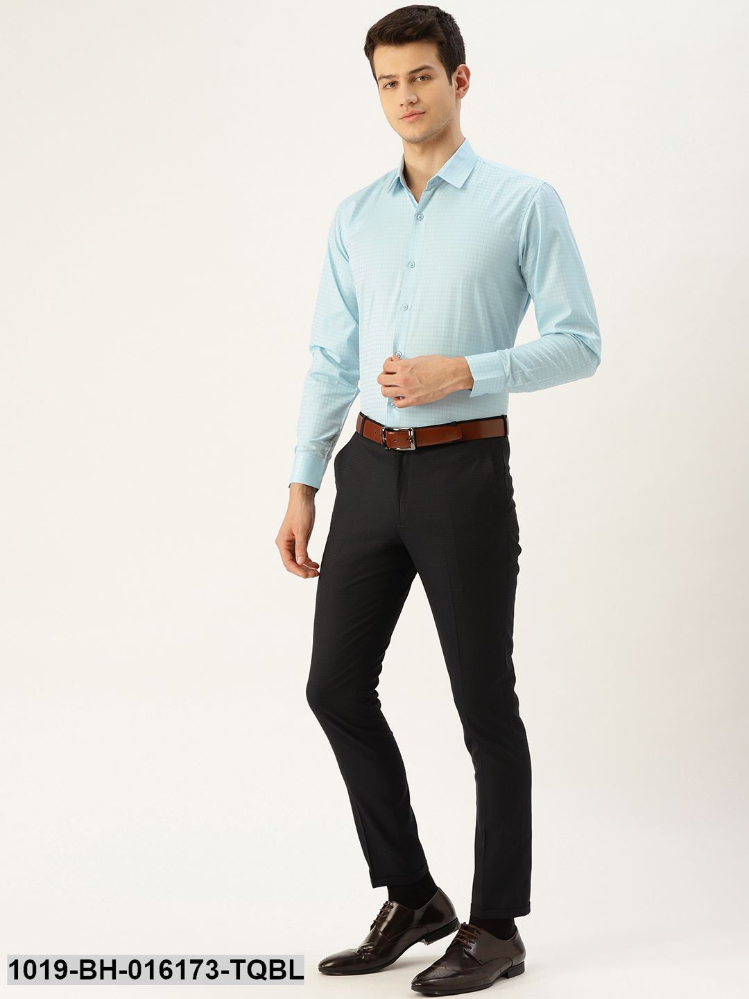 Men's Cotton Sky Blue Checked Formal Shirt - Sojanya