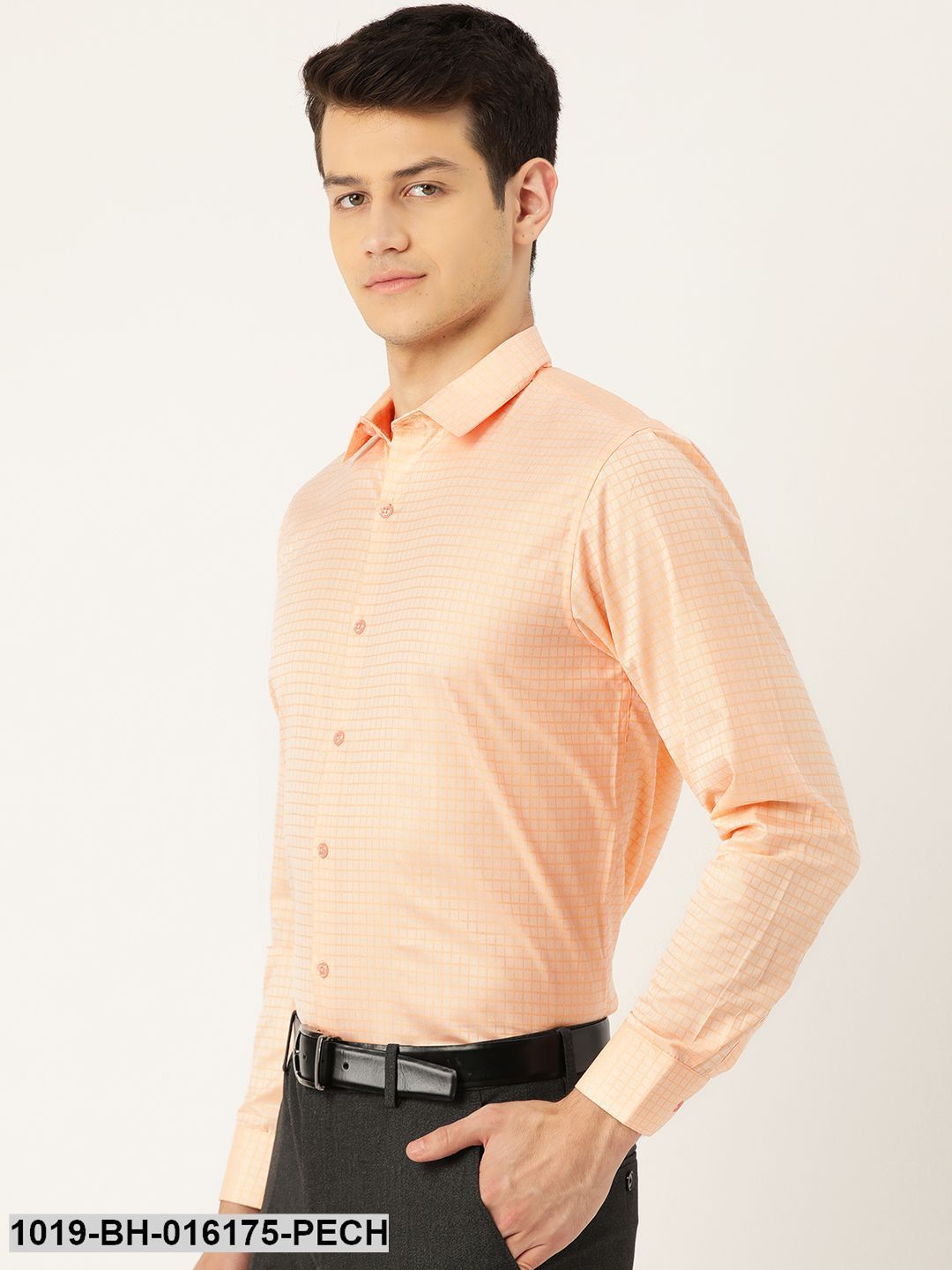 Men's Cotton Peach Checked Formal Shirt - Sojanya