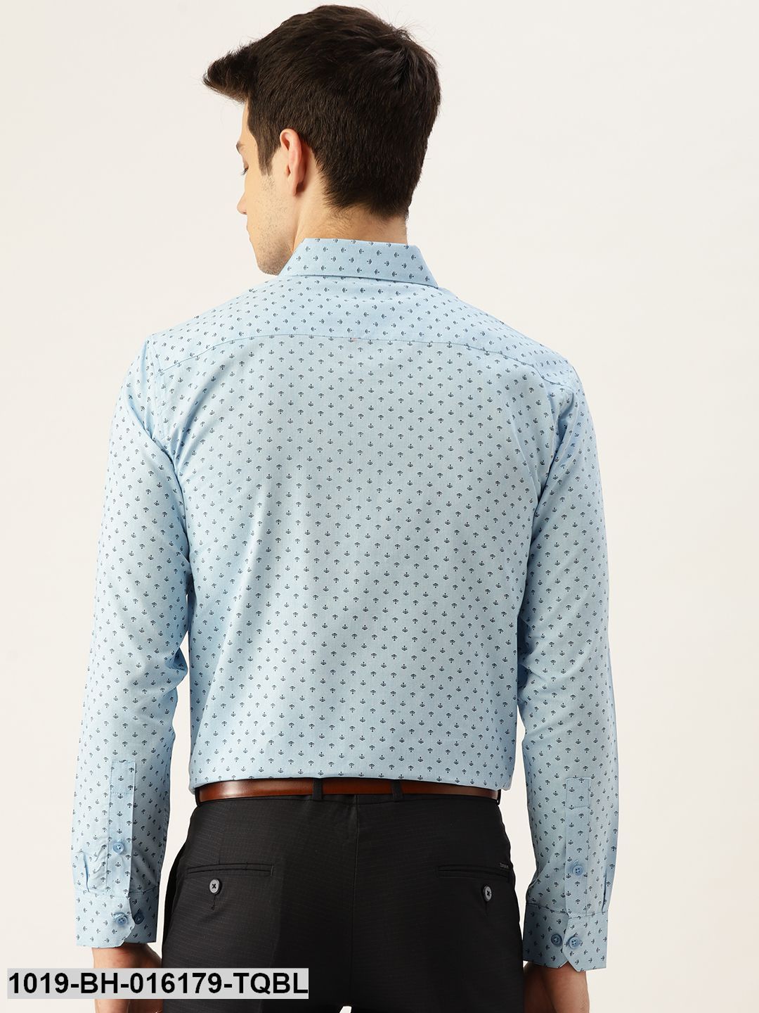 Men's Cotton Sky Blue & Black Printed Formal Shirt - Sojanya