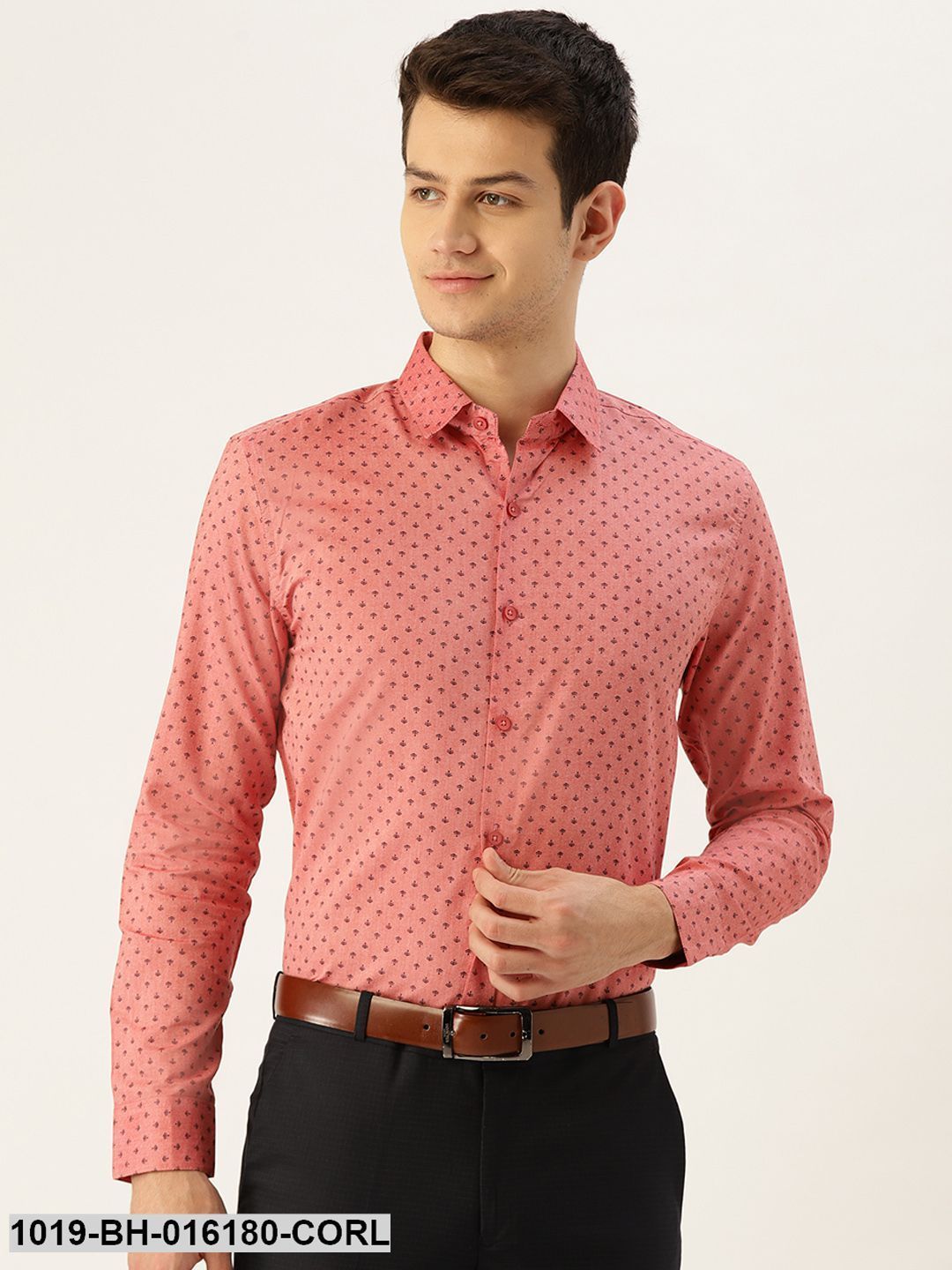 Men's Cotton Coral Red & Black Printed Formal Shirt - Sojanya