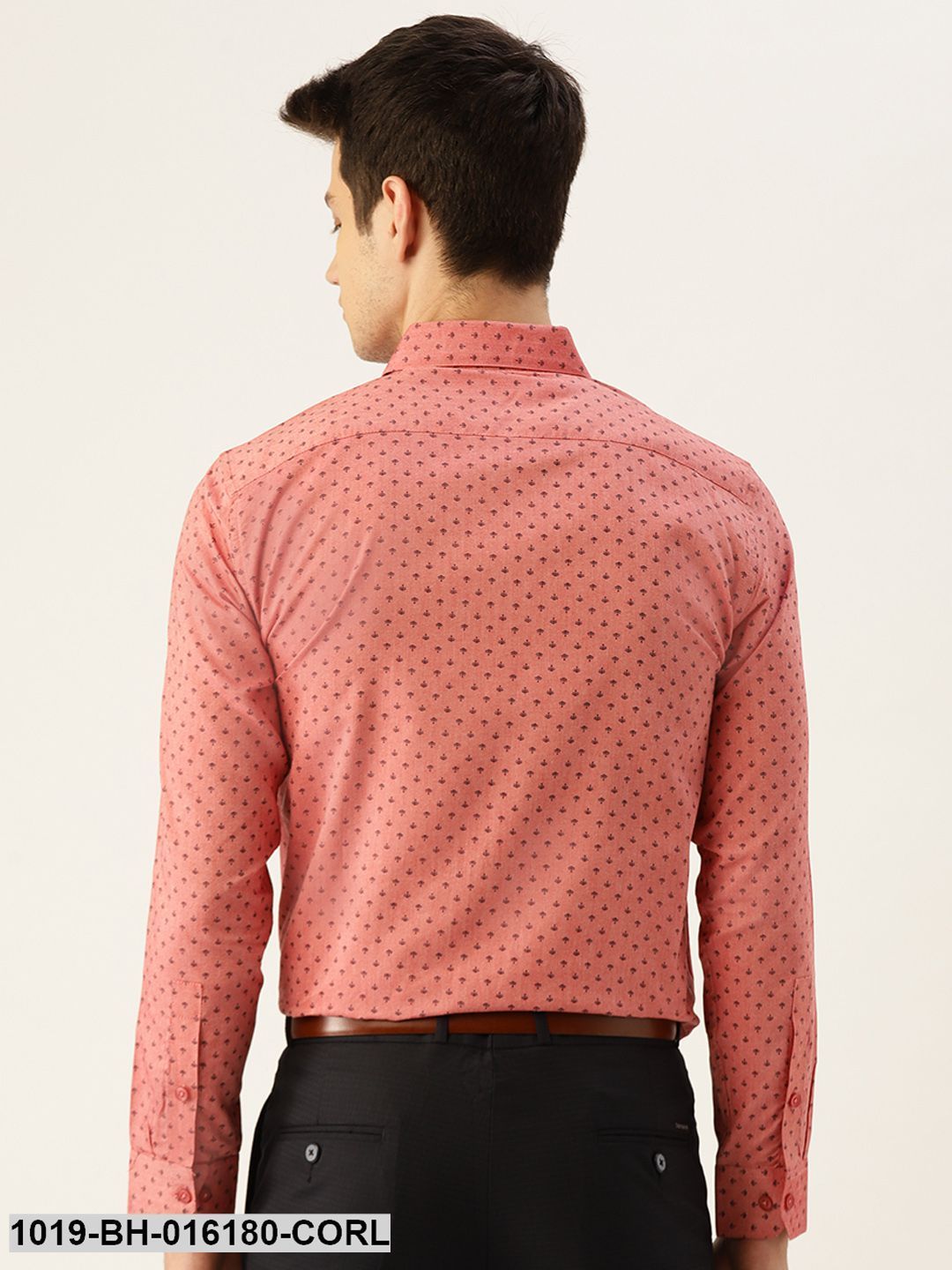 Men's Cotton Coral Red & Black Printed Formal Shirt - Sojanya