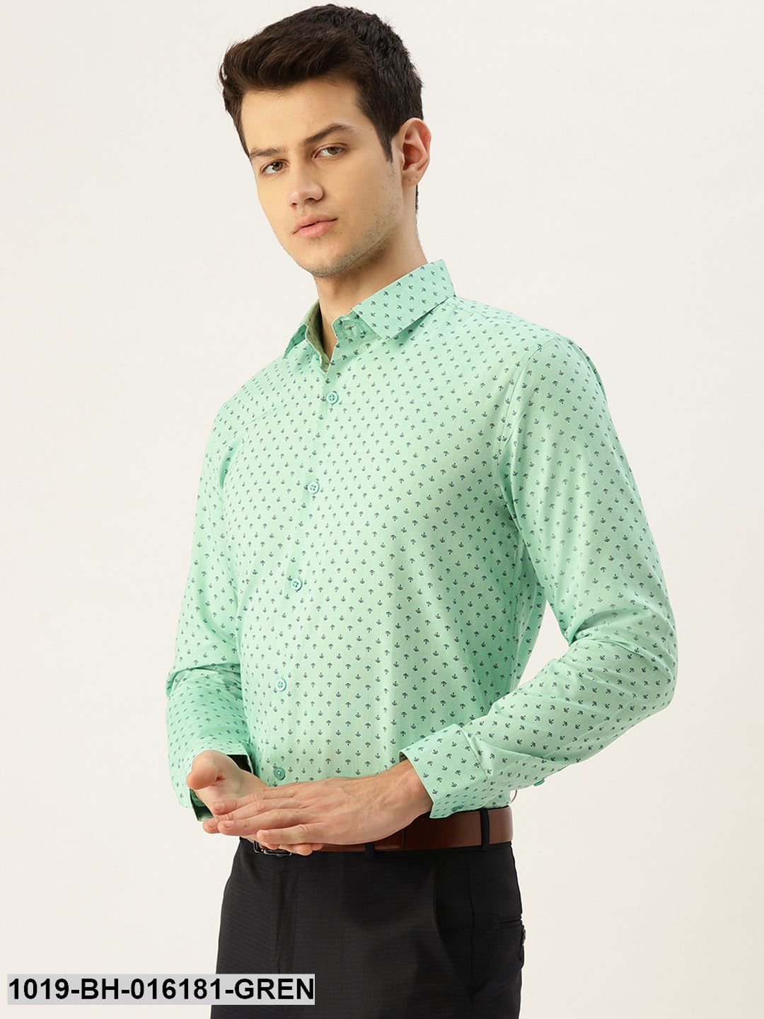 Men's Cotton Green & Black Printed Formal Shirt - Sojanya