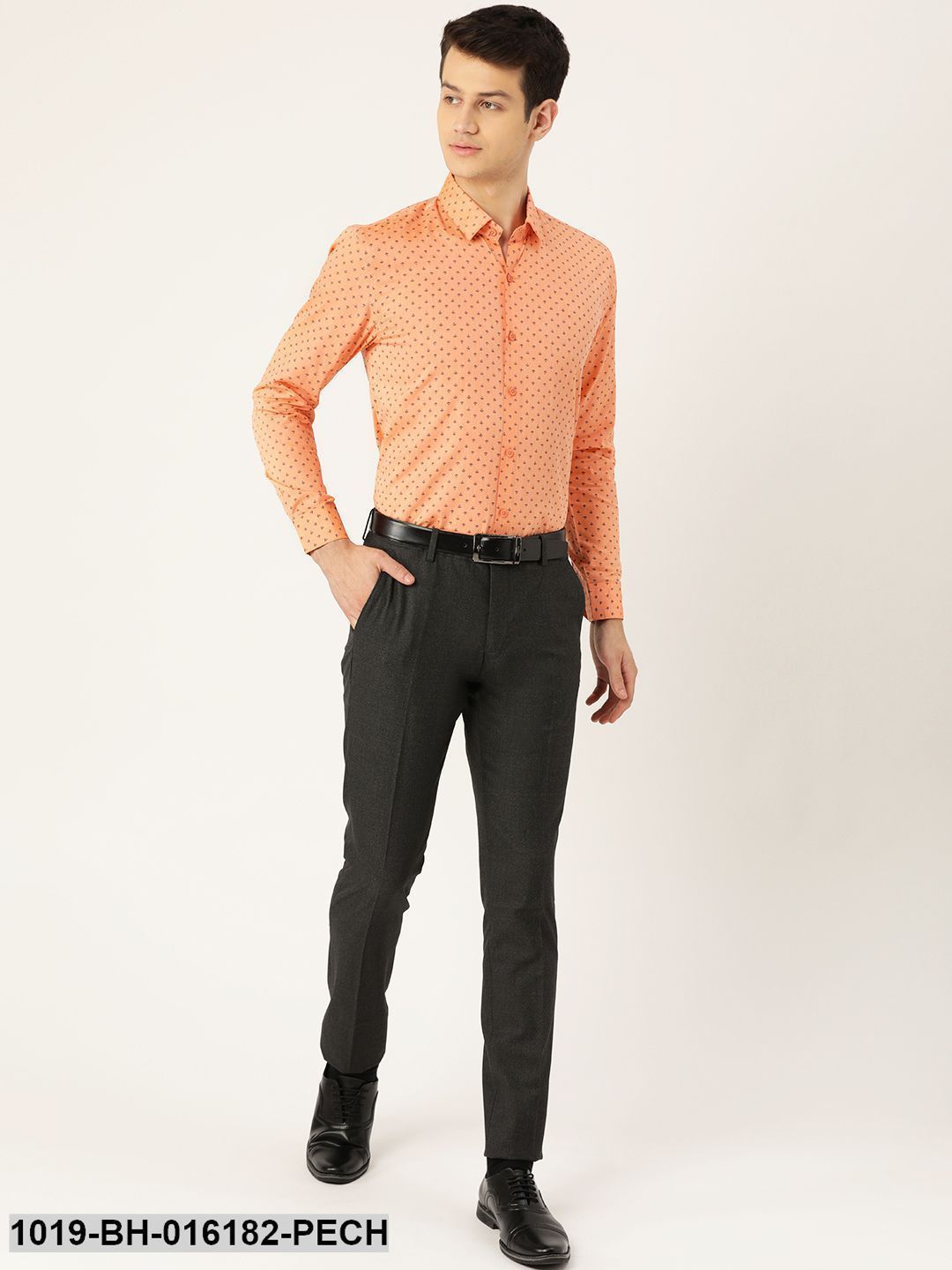 Men's Cotton Peach & Black Printed Formal Shirt - Sojanya