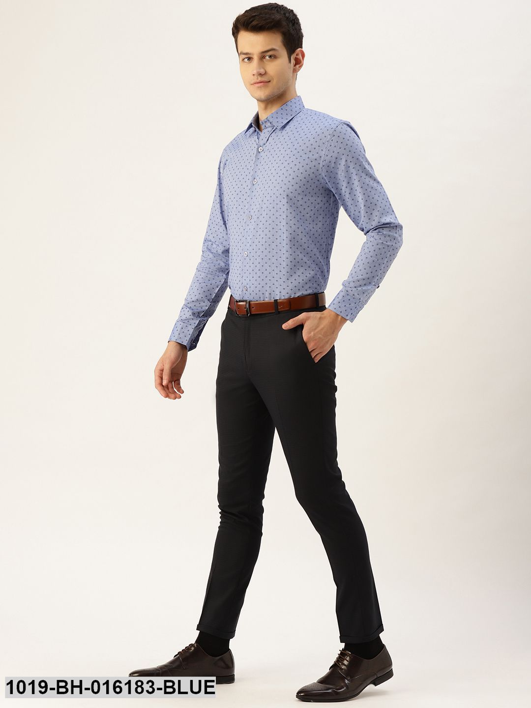 Men's Cotton Blue & Black Printed Formal Shirt - Sojanya