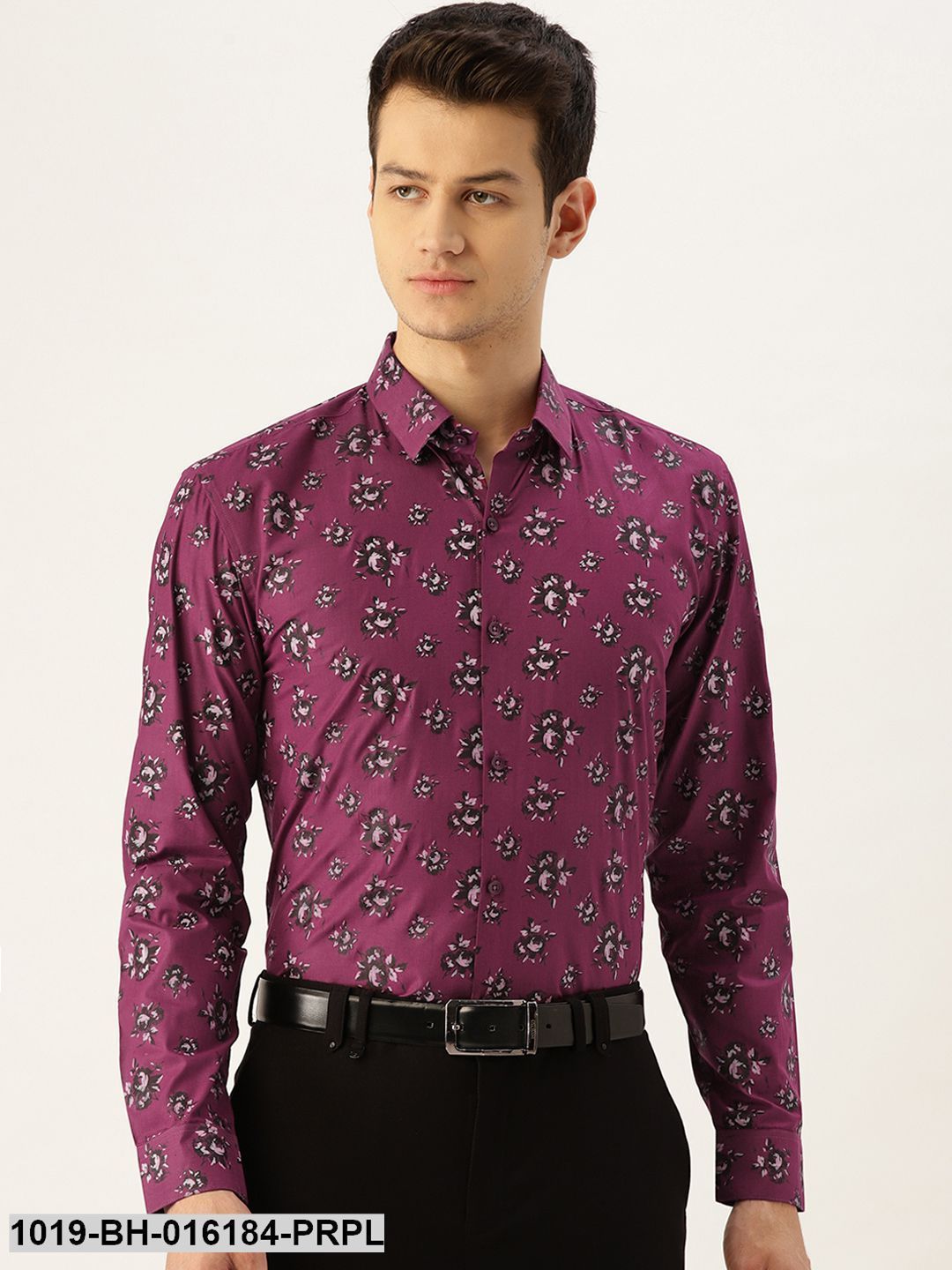 Men's Cotton Dark Purple & Black Printed Formal Shirt - Sojanya