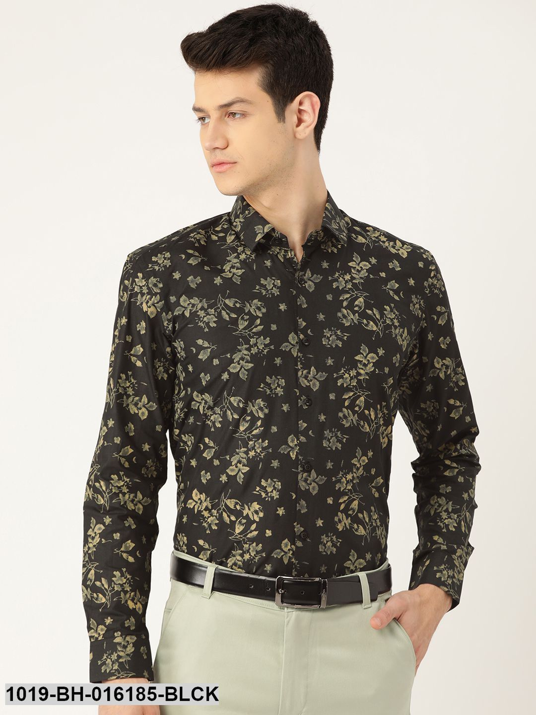 Men's Cotton Black & Green Printed Formal Shirt - Sojanya