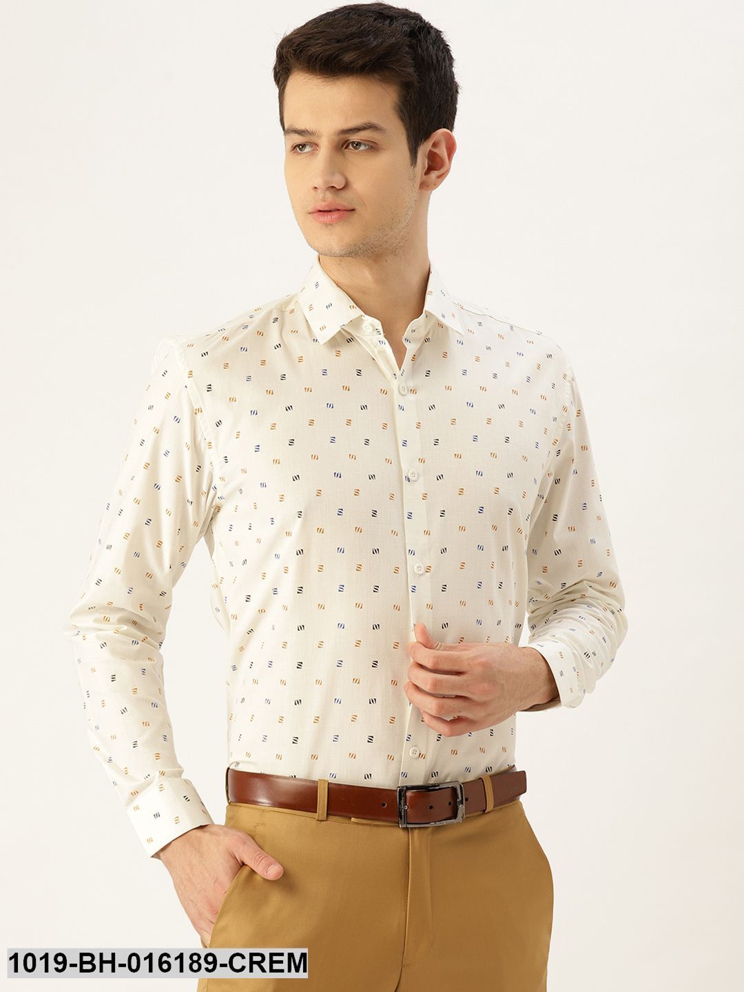 Men's Cotton Cream & Multi Printed Formal Shirt - Sojanya