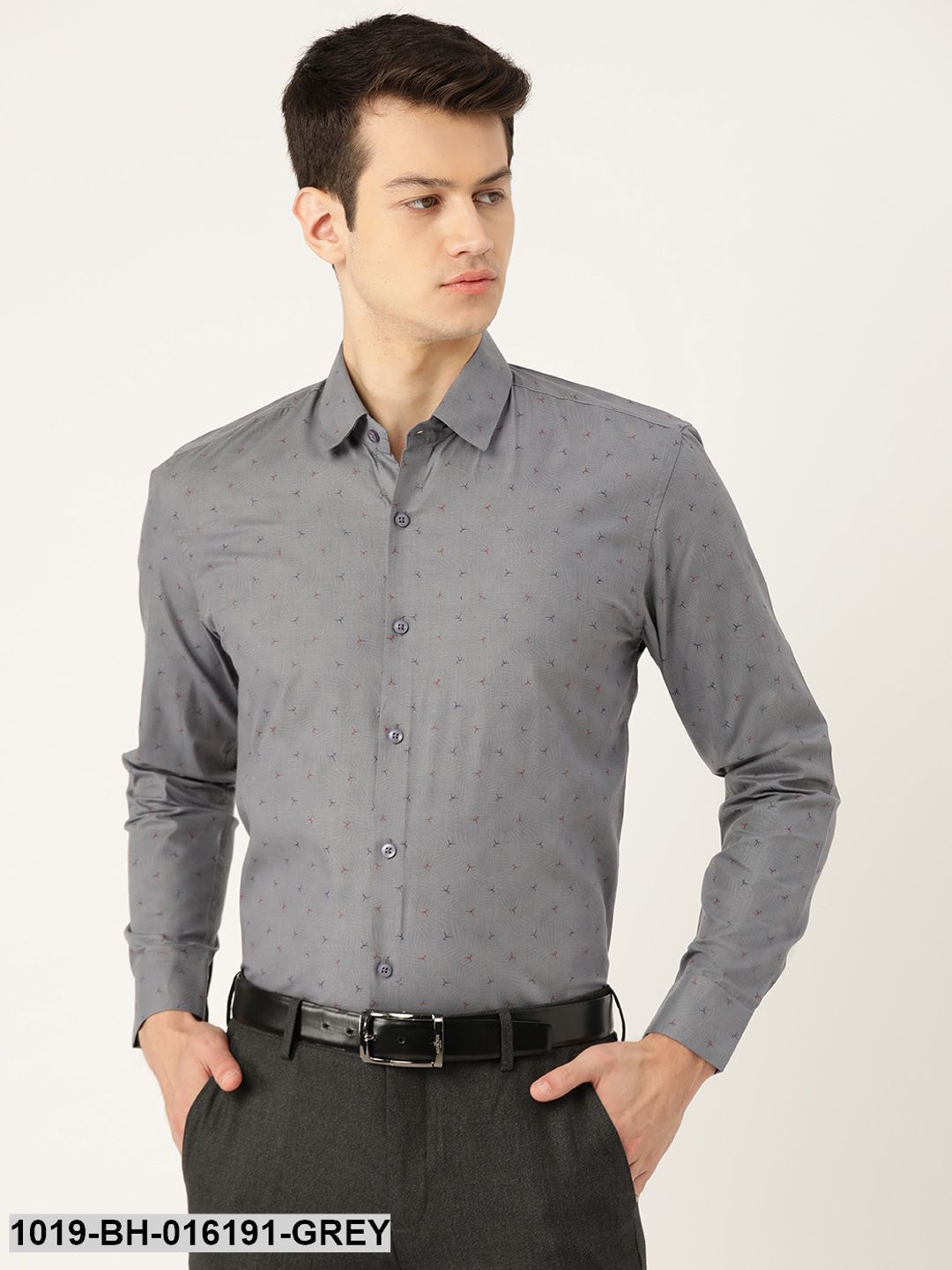 Men's Cotton Grey & Multi Printed Formal Shirt - Sojanya