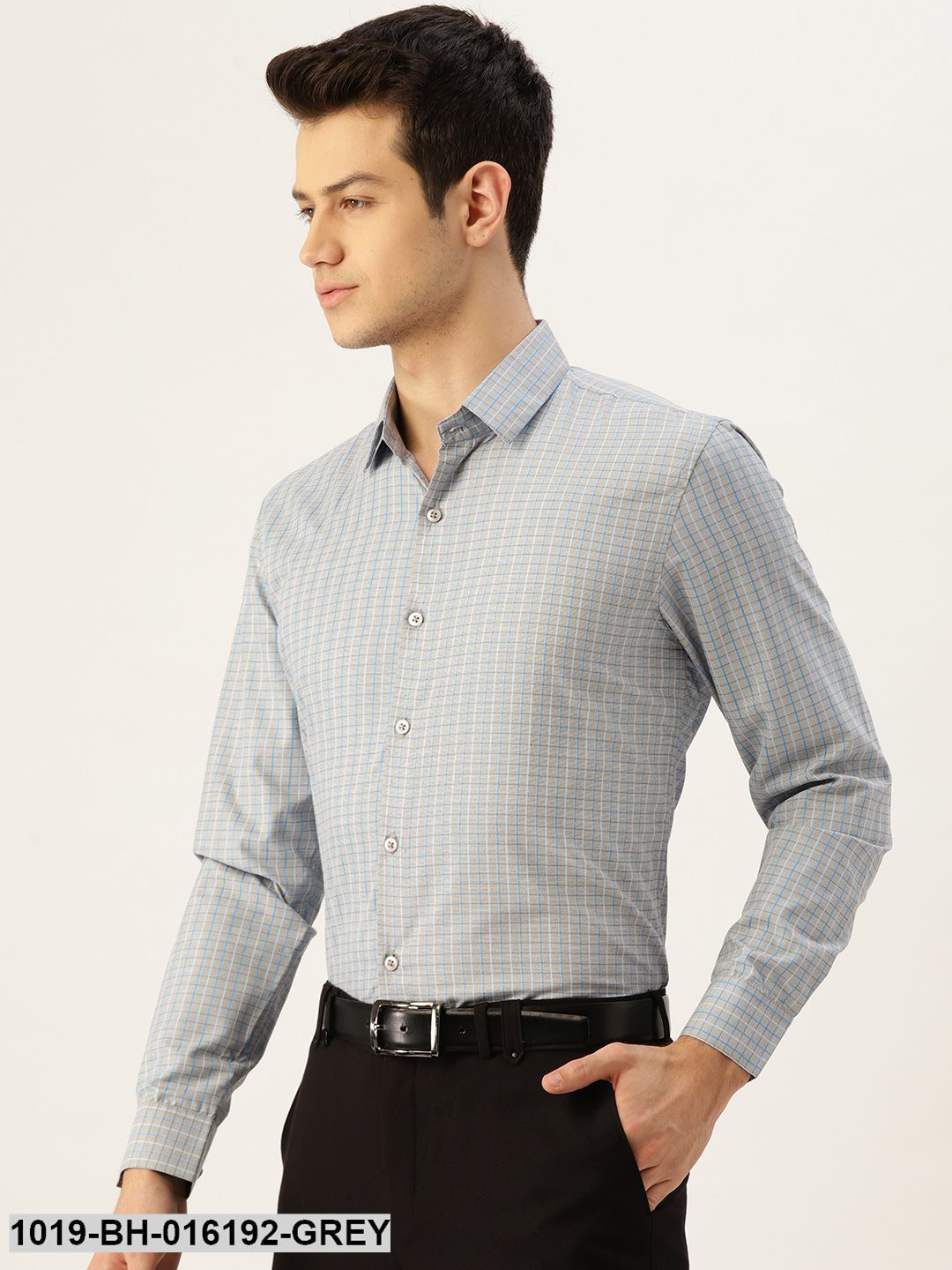 Men's Cotton Grey & Blue Checked Formal Shirt - Sojanya