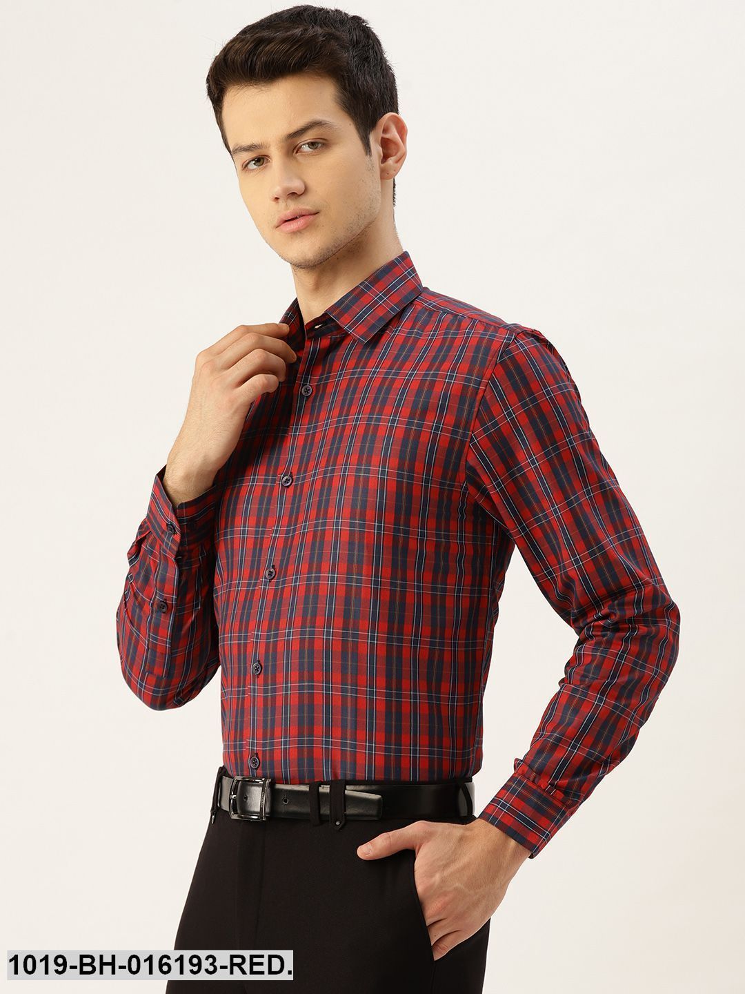 Men's Cotton Red & Navy Blue Checked Formal Shirt - Sojanya