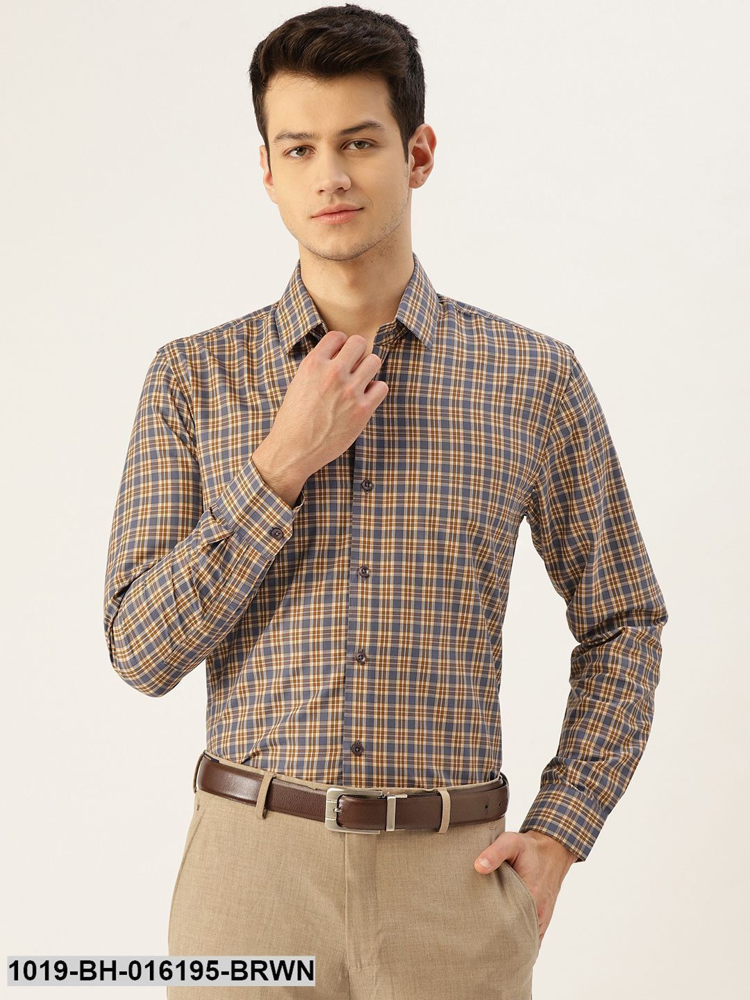 Men's Cotton Brown & Taupe Checked Formal Shirt